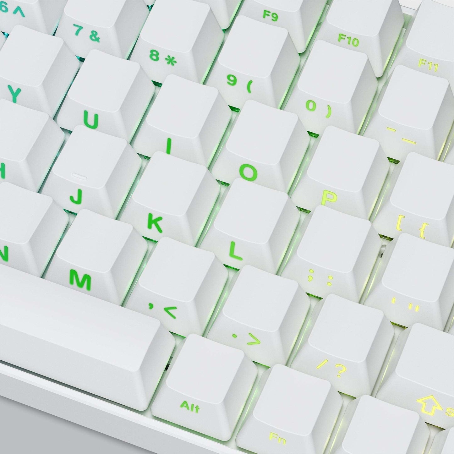 Arctic white OEM profile keycaps with side-printed symbols and letters