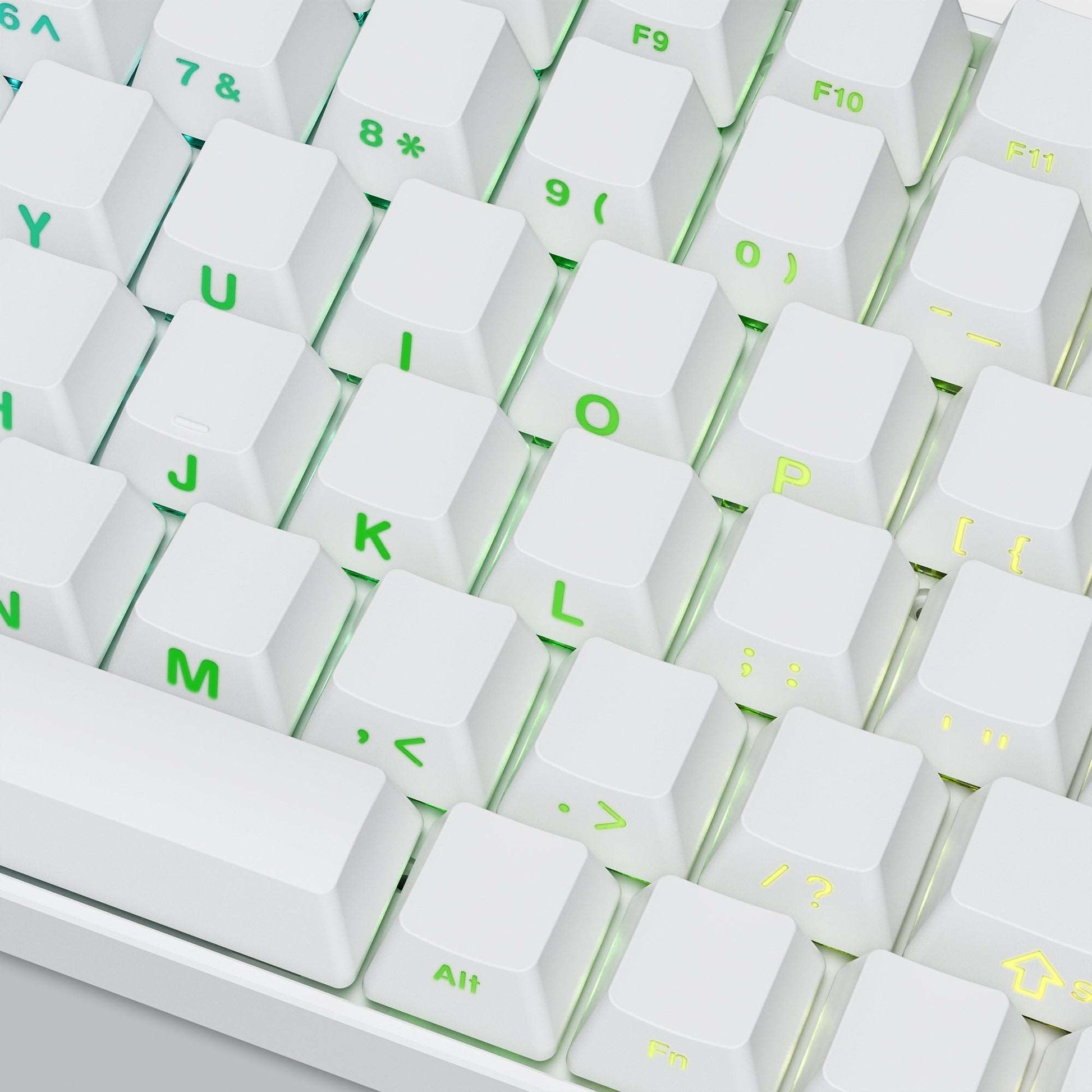 Arctic white OEM profile keycaps with side-printed symbols and letters
