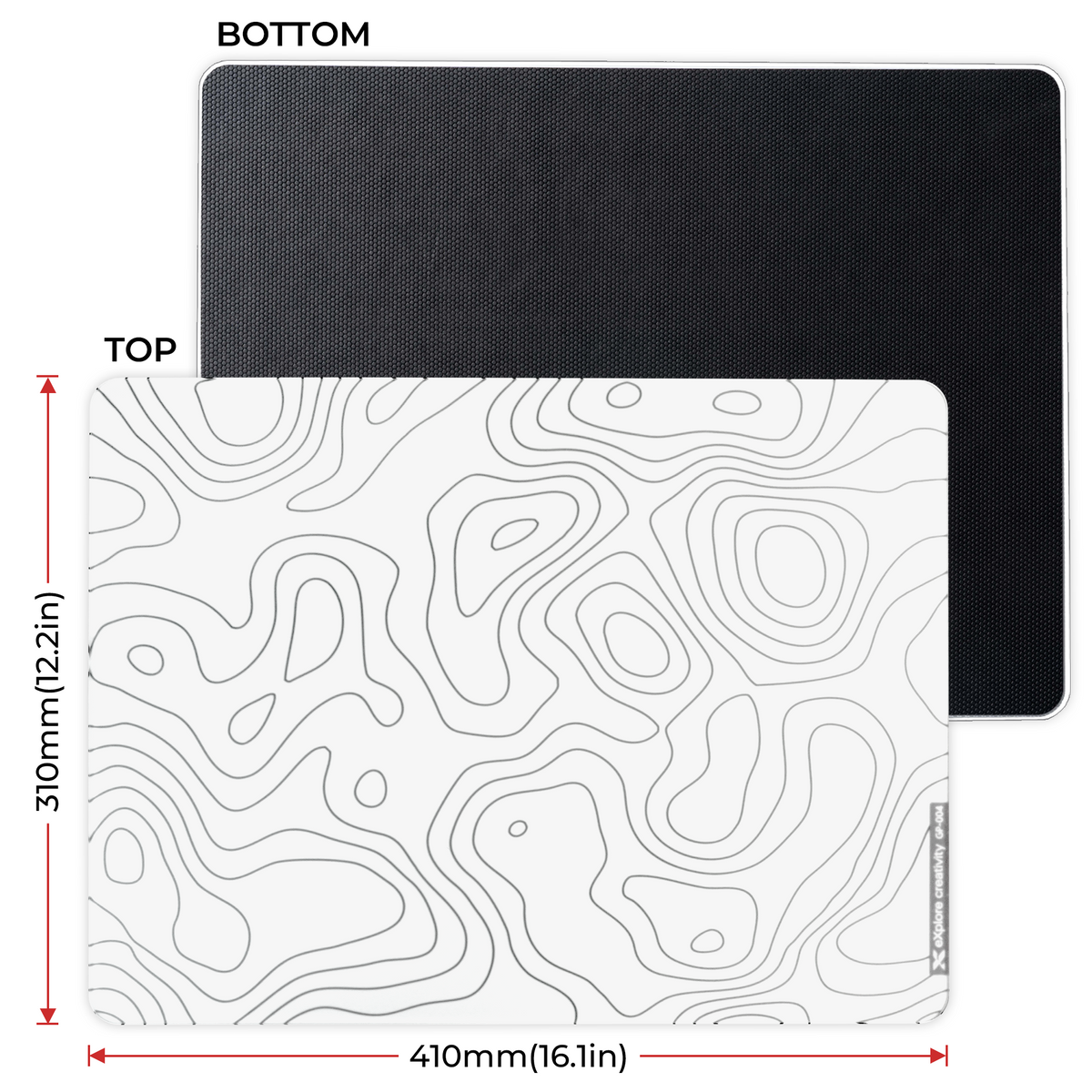 Glass mouse pad top and textured anti-slip rubber base, 410x310mm, 3mm thick