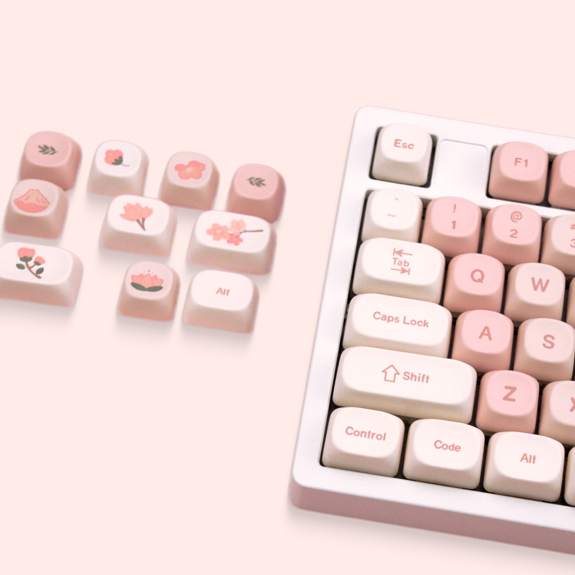 Cherry blossom keycaps in pastel pink and cream, with Esc and letter keys