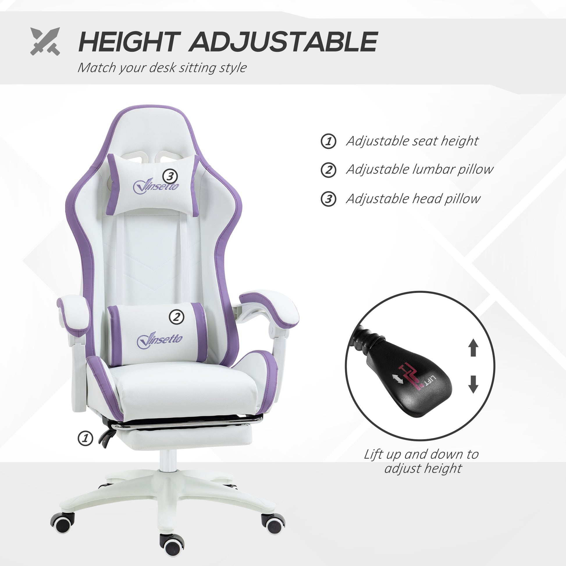 Vinsetto gaming chair, white and purple with adjustable height base and lumbar pillow