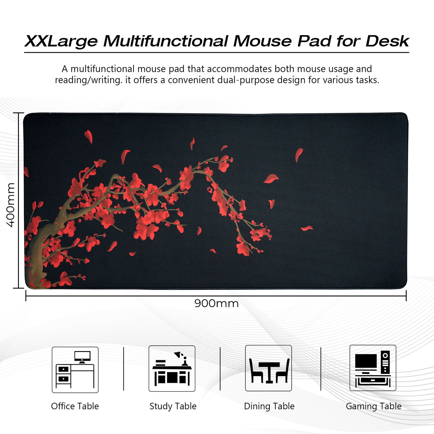 XXL black floral desk mat with red blossom branch and scattered petals design.