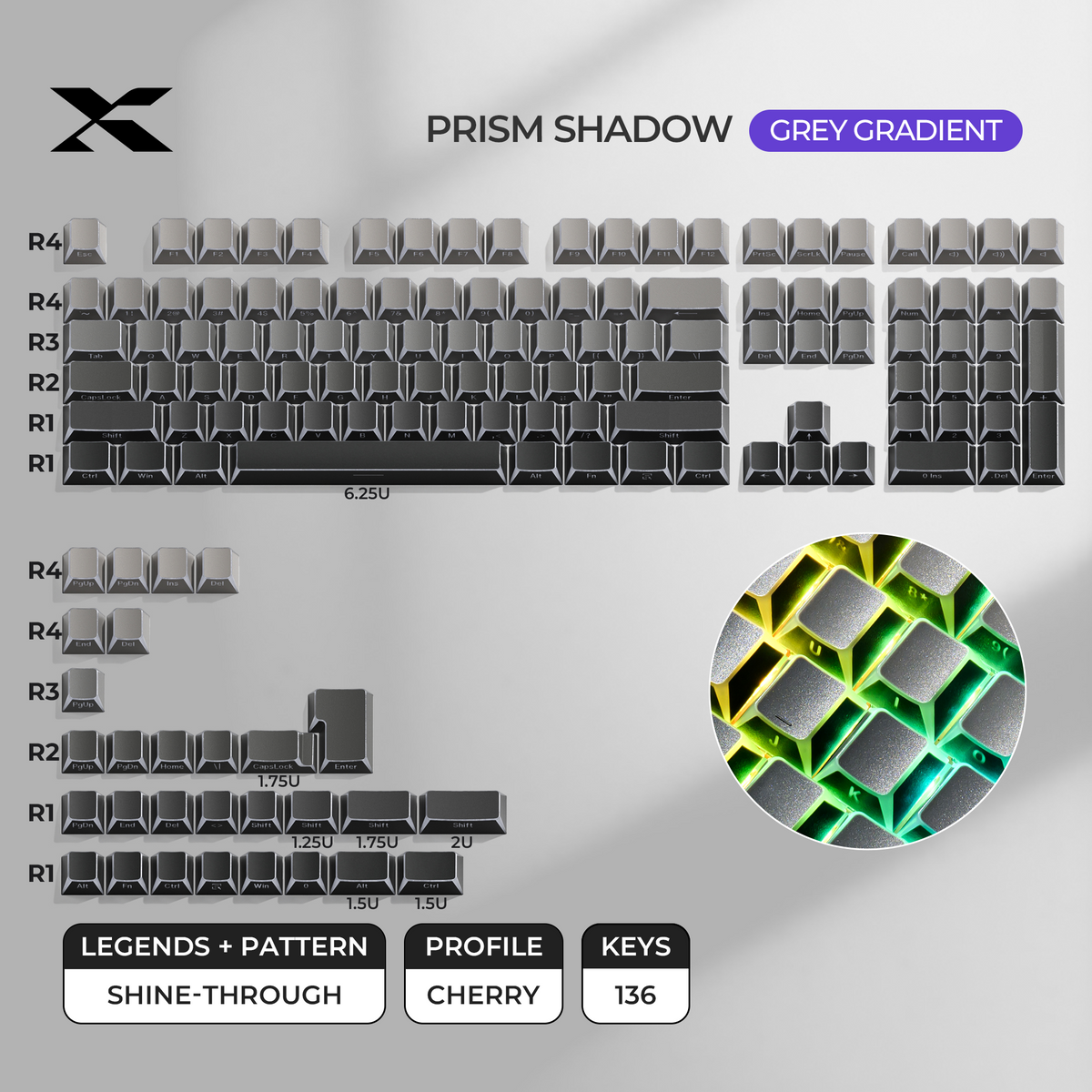 Grey gradient shine-through Cherry-profile PBT keycap set with translucent legends