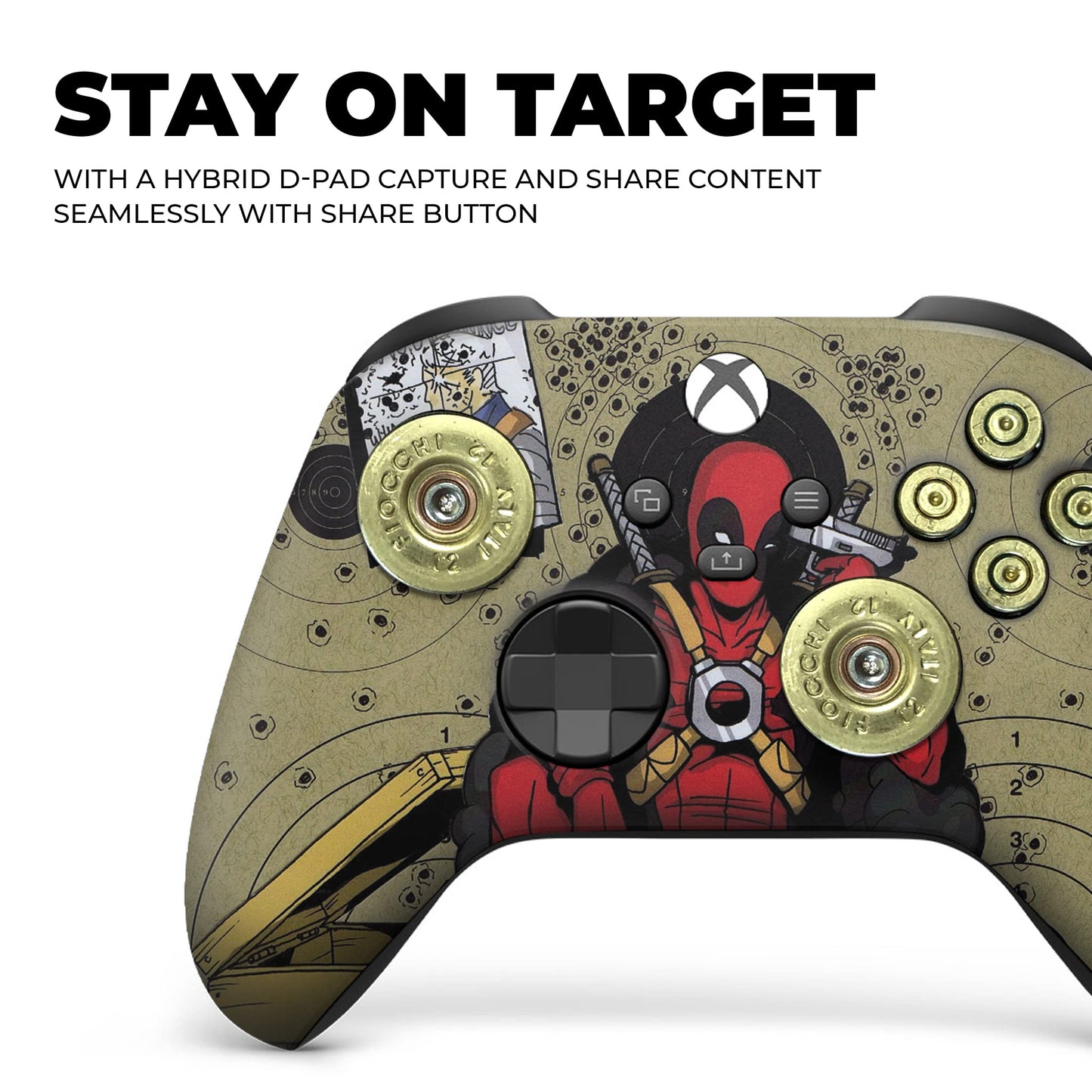 Close-up olive gaming controller with red Deadpool face print and gold circular thumbstick caps