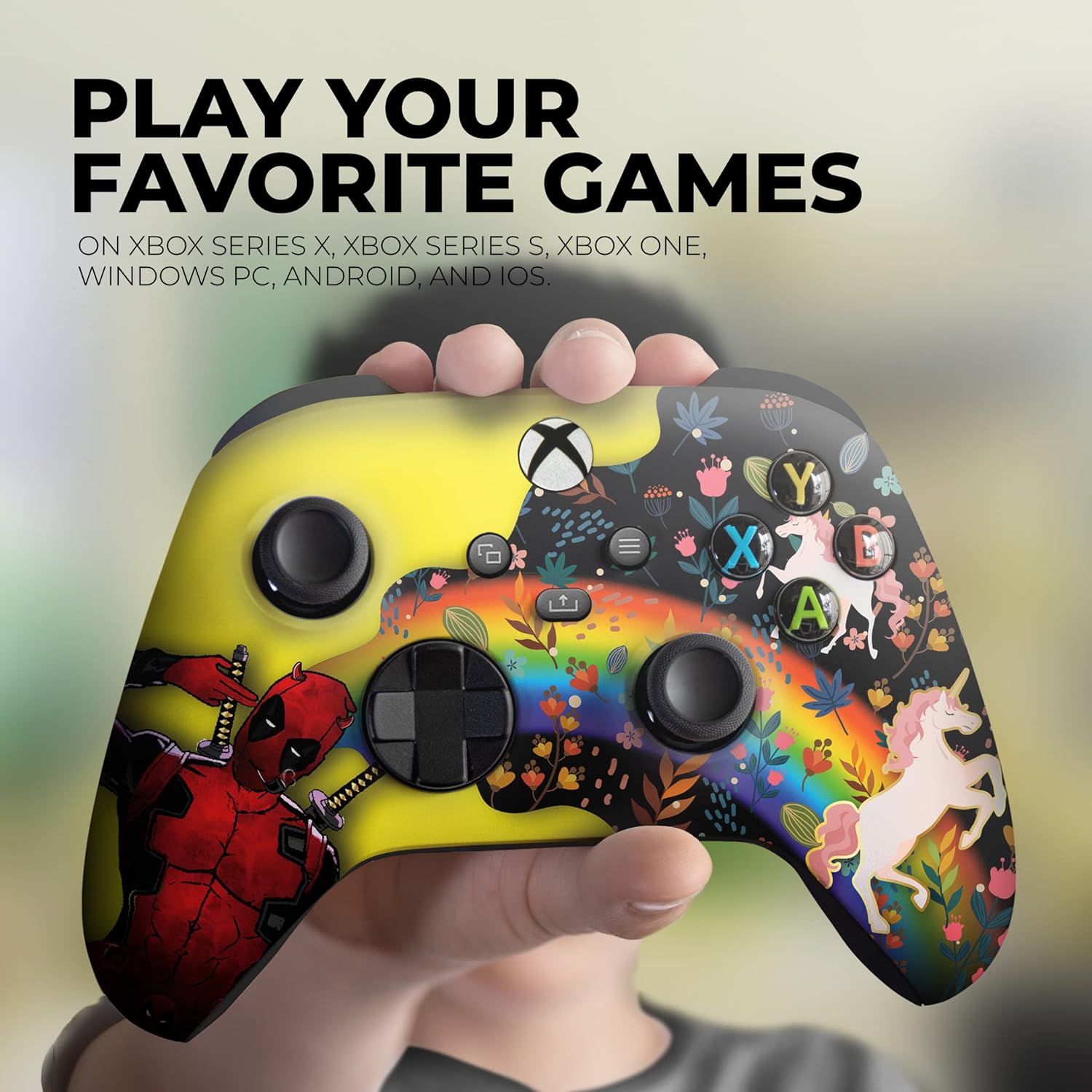 Custom Xbox Series X controller held in hand, yellow shell with Deadpool-unicorn graphic
