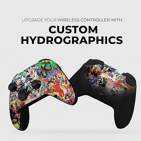 Custom Xbox controller with hydrographic-style comic print, black back and grips