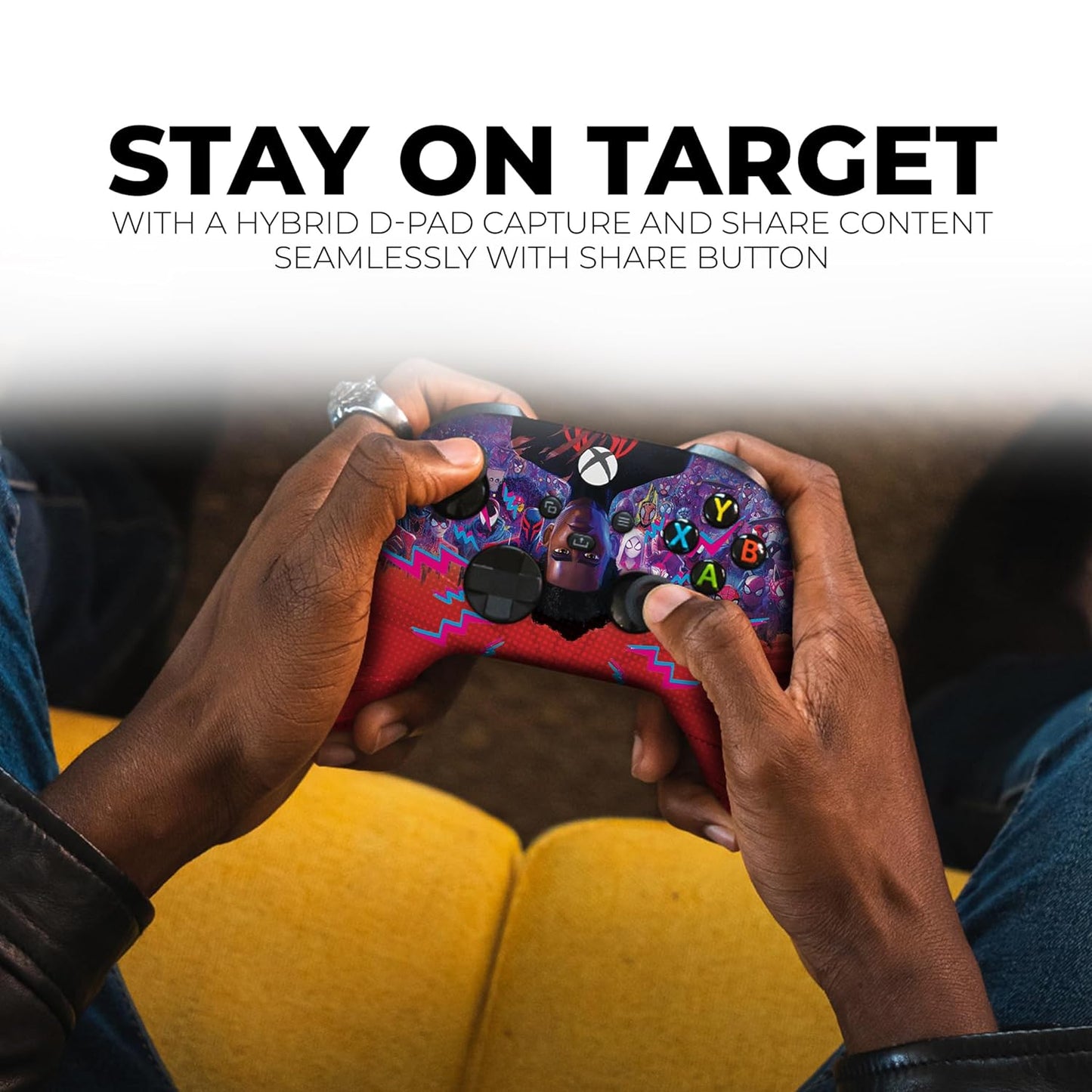 Hands holding Xbox controller with Spider-Verse Miles purple-red skin and ABXY icons