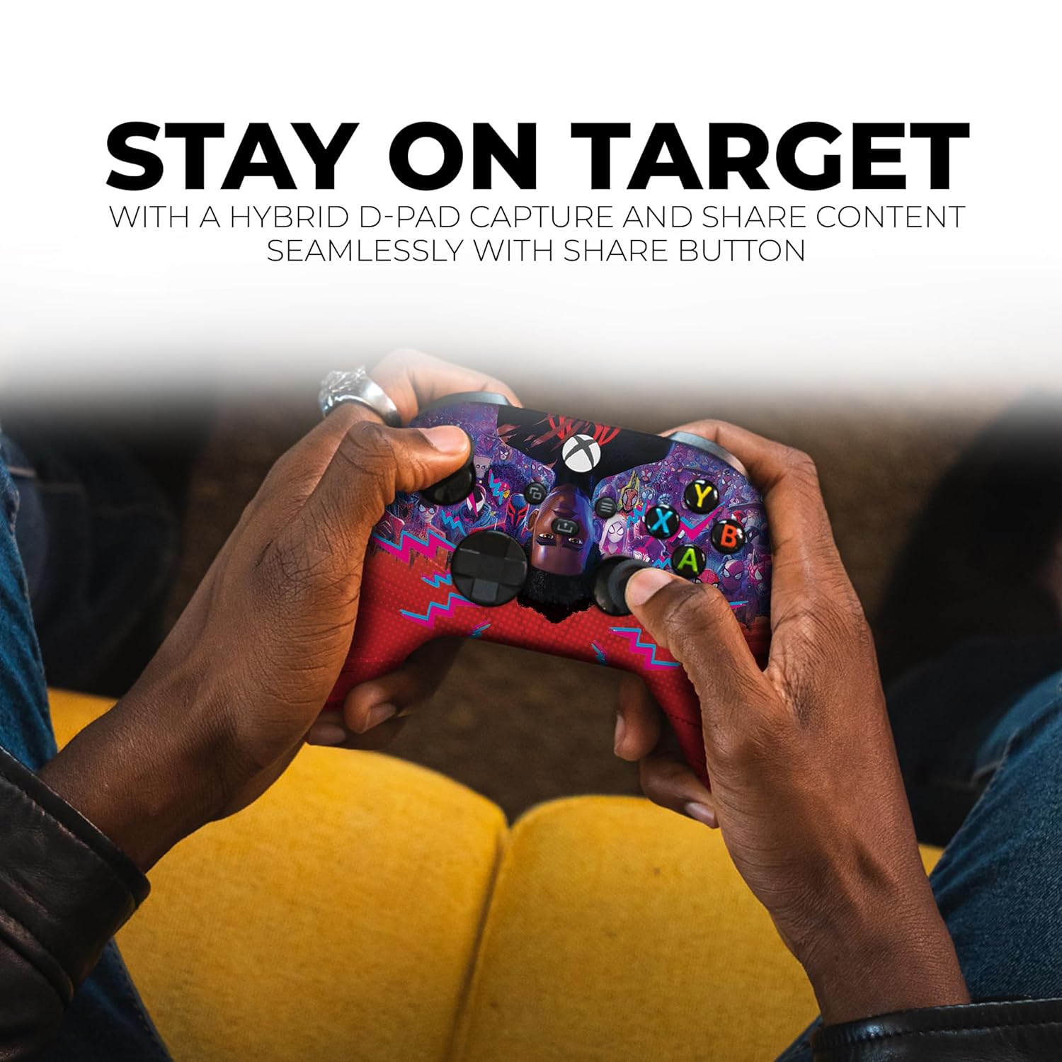 Hands holding Xbox controller with Spider-Verse Miles purple-red skin and ABXY icons