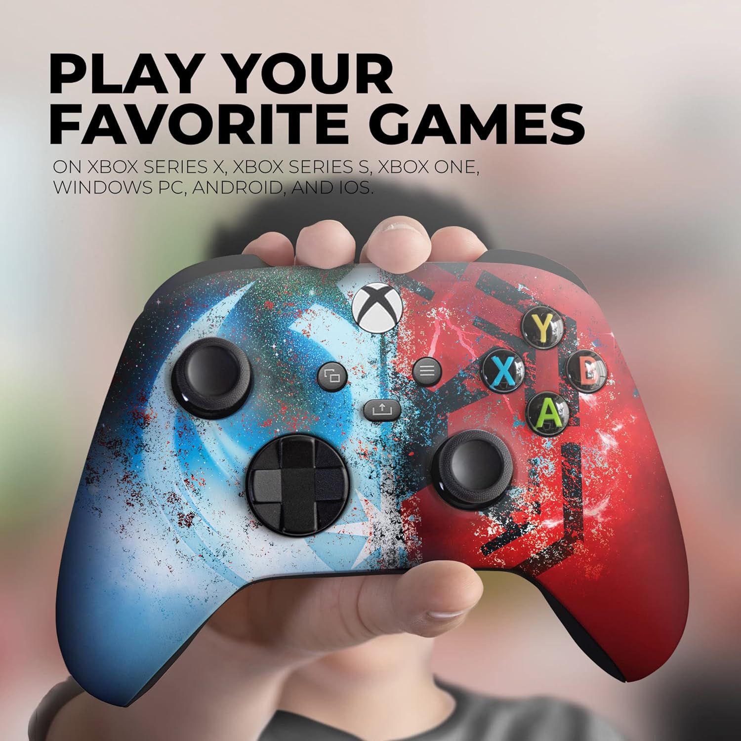 Xbox Series X controller held in hand, red/blue speckled graphic with colored ABXY buttons
