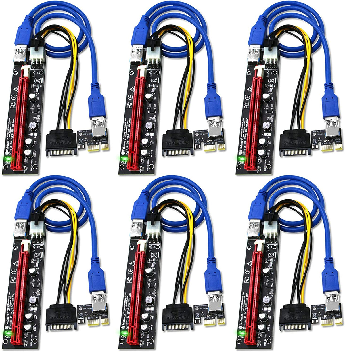 PCIe X1 to X16 GPU riser extension board with blue SATA power cables