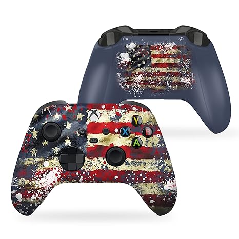 Xbox Series X controller showing front and top, tattered flag splatter print
