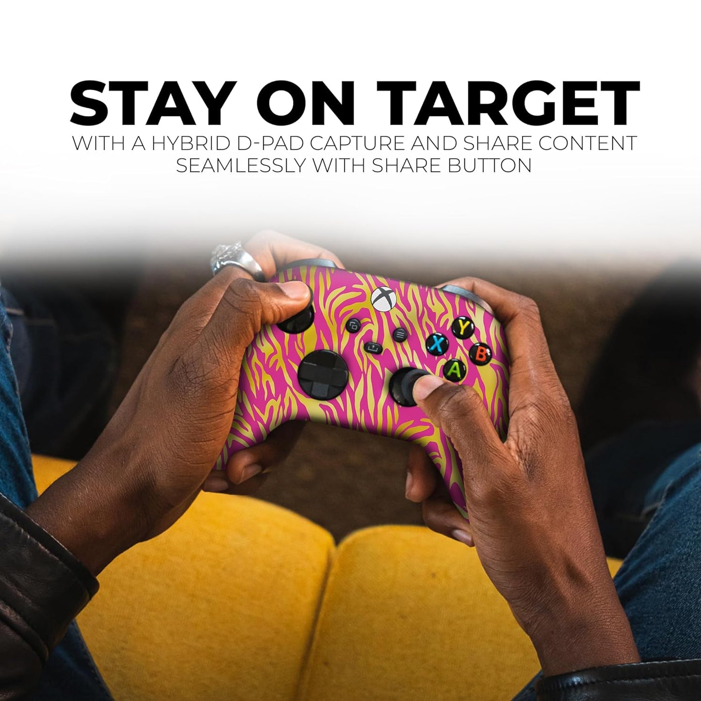 Tiger-print Xbox controller held in hands, featuring black thumbsticks and buttons