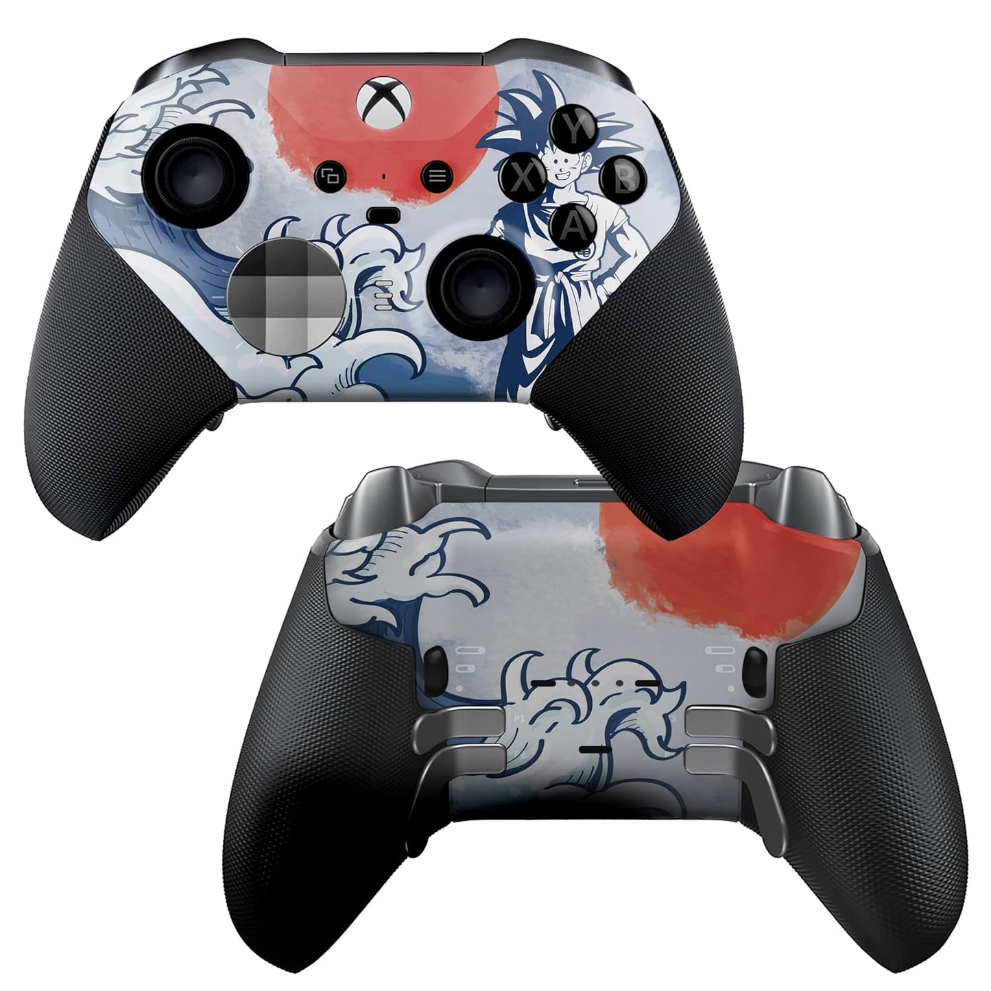 Xbox Elite Series 2 controller with blue/red hydro-dip anime design and textured grips