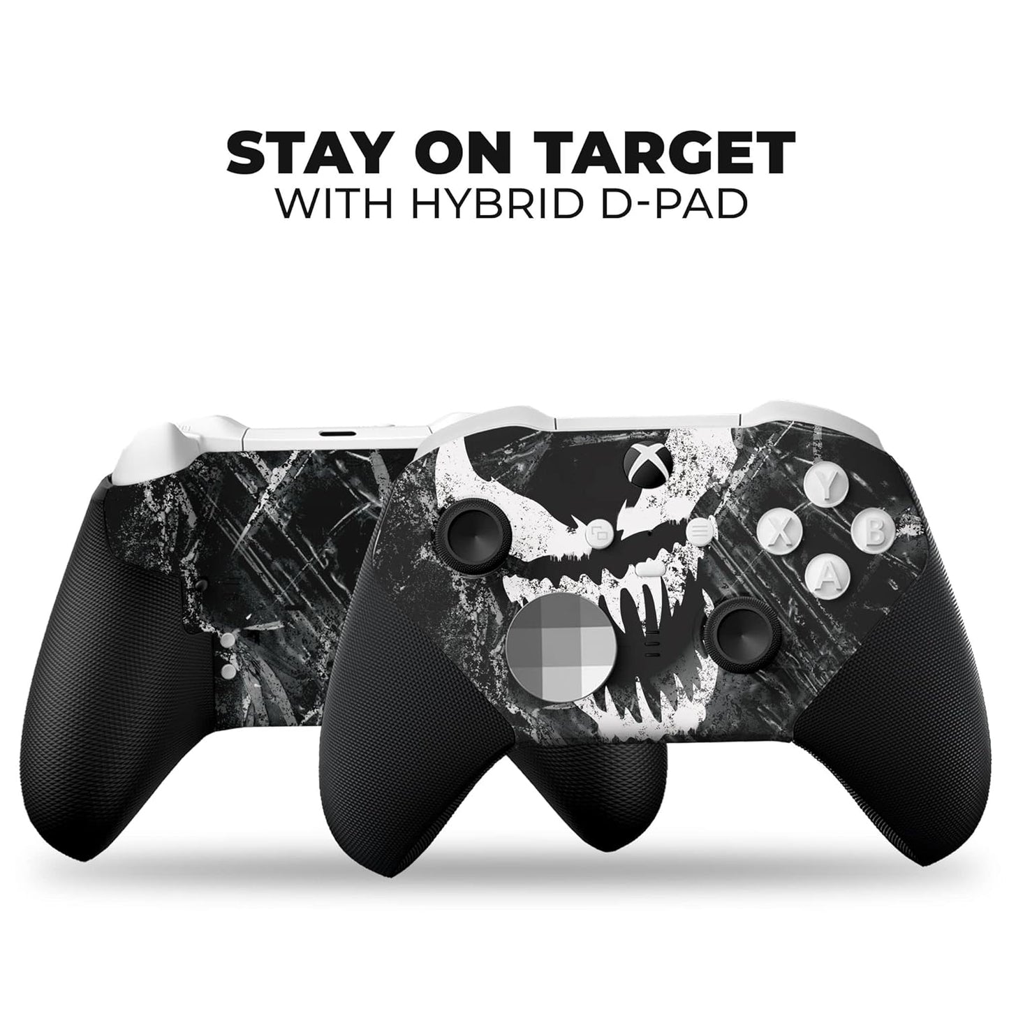 Xbox Elite Series 2 Core game controllers front view with black and white skull hydrodip