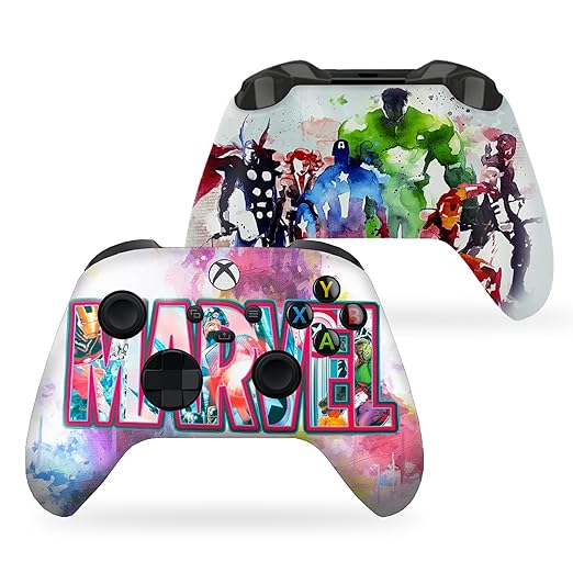 White Xbox Series X controller with colorful MARVEL character artwork and black buttons