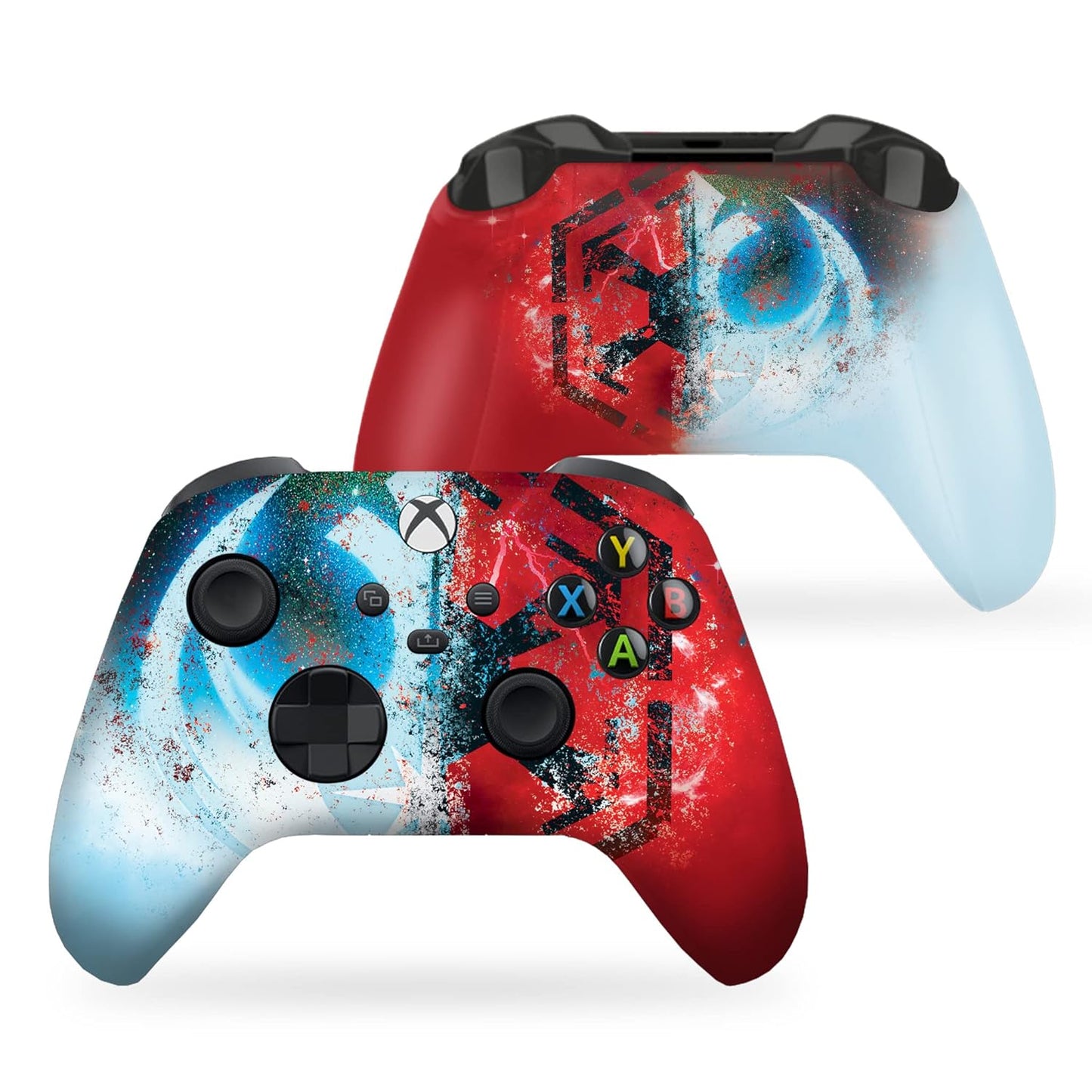 Xbox Series X controller set with front and back views, red/blue speckled graphic and black sticks