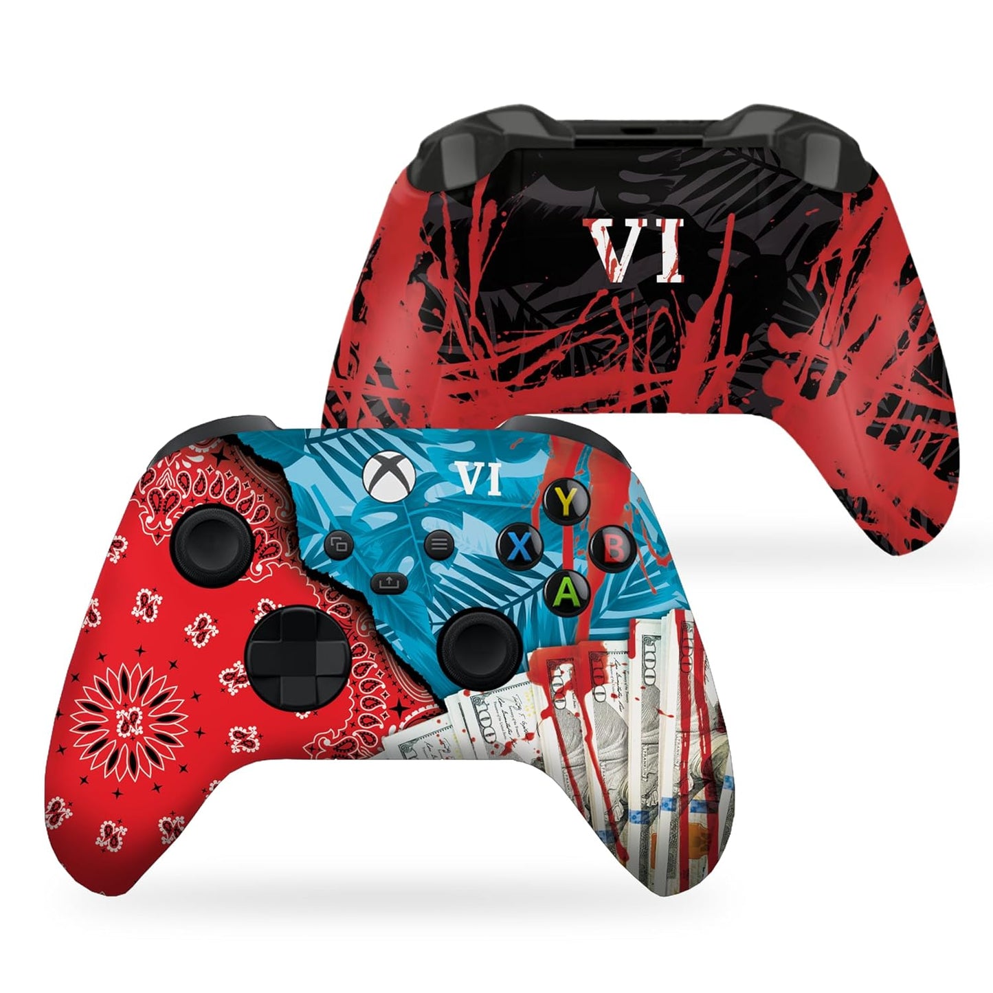 Xbox Series X controller showing red front and black back with splatter print, black grips