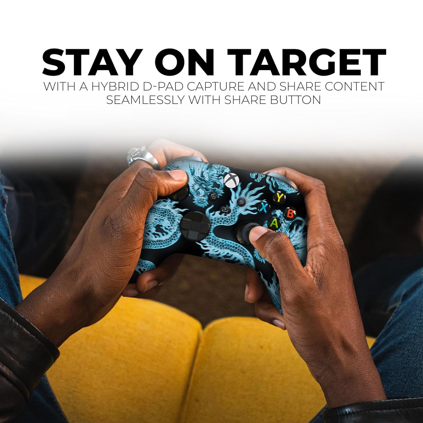 Xbox controller with blue dragon print held in two hands