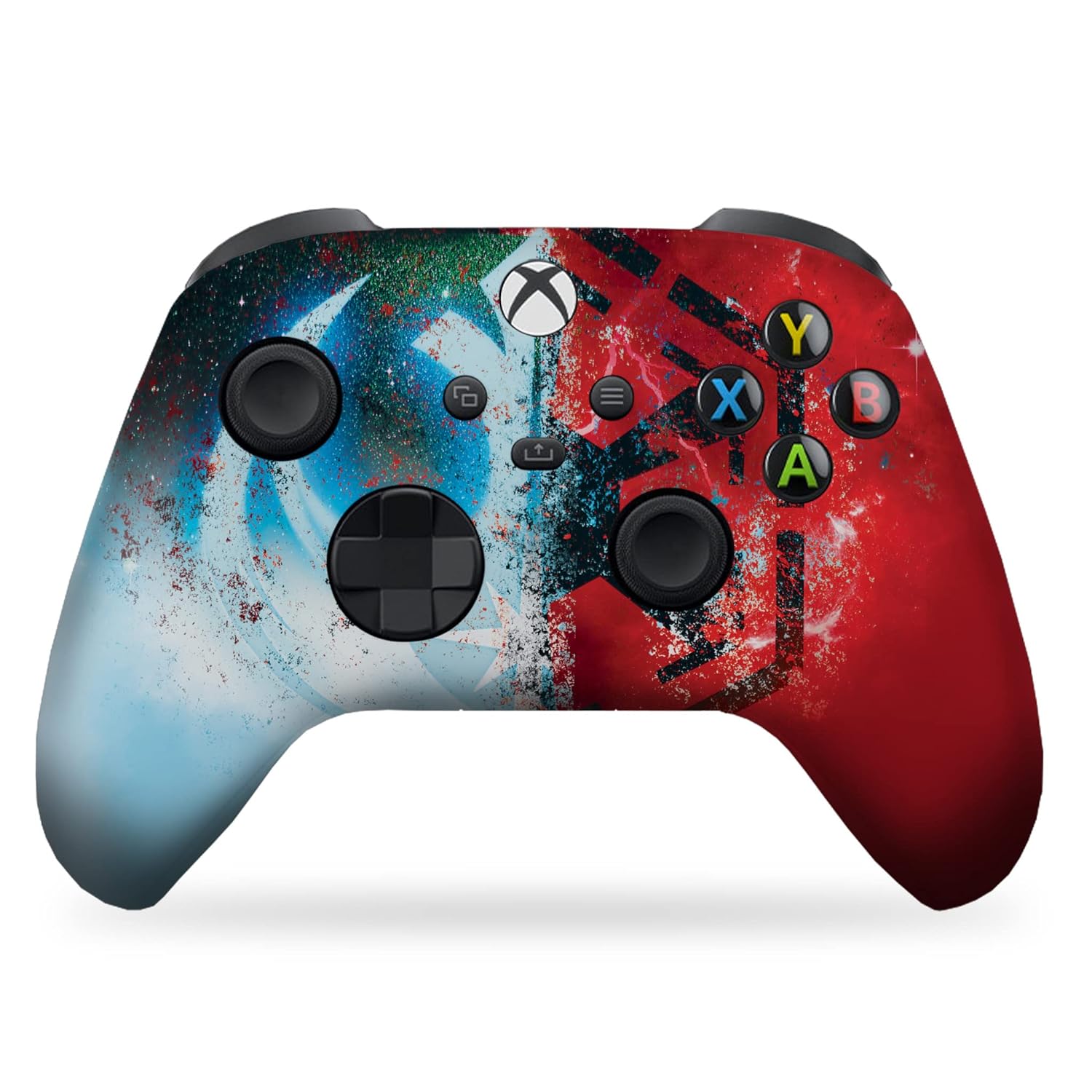 Xbox Series X controller with red/blue speckled graphic, colored ABXY buttons, black grips
