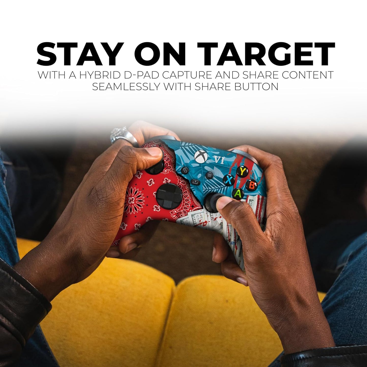Xbox Series X controller with red-and-blue graphic held in hands, black thumbsticks and triggers