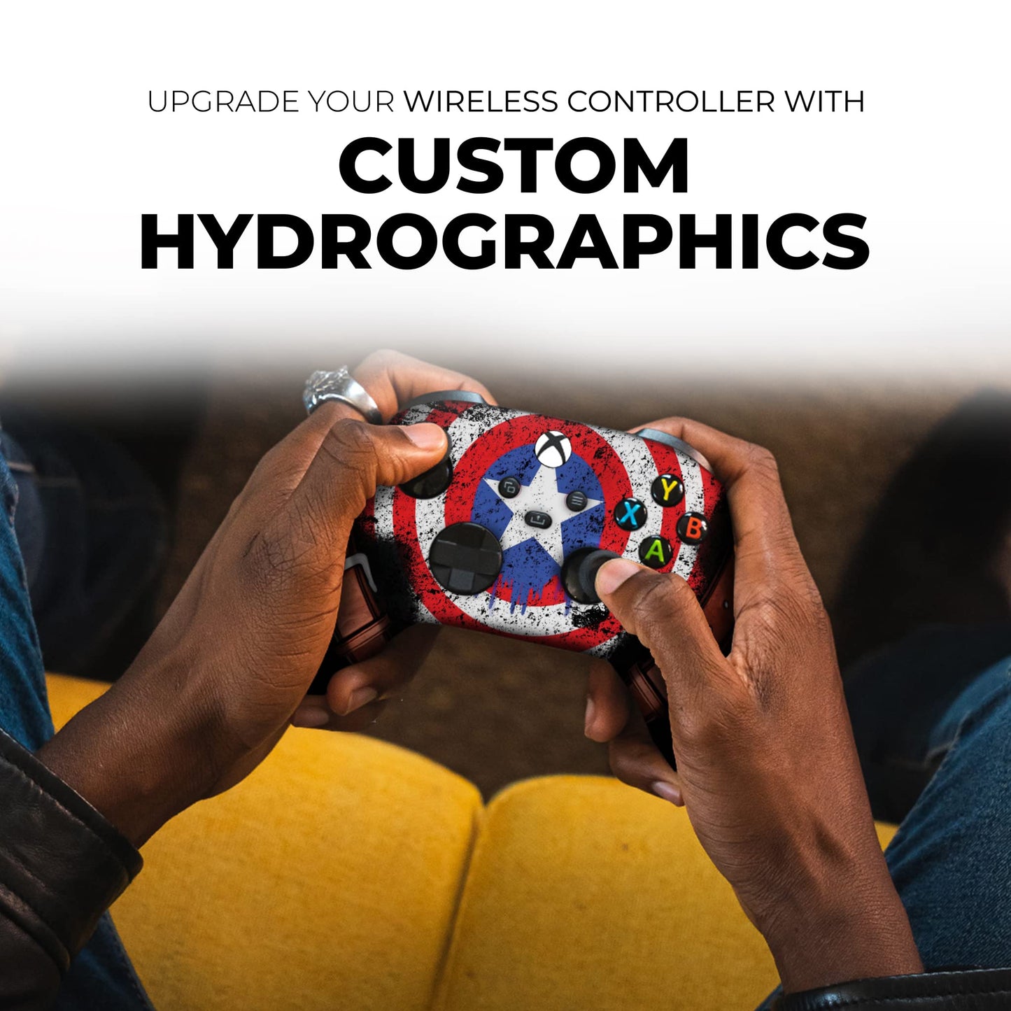 Xbox controller with red-white-blue patriotic print, held in hands