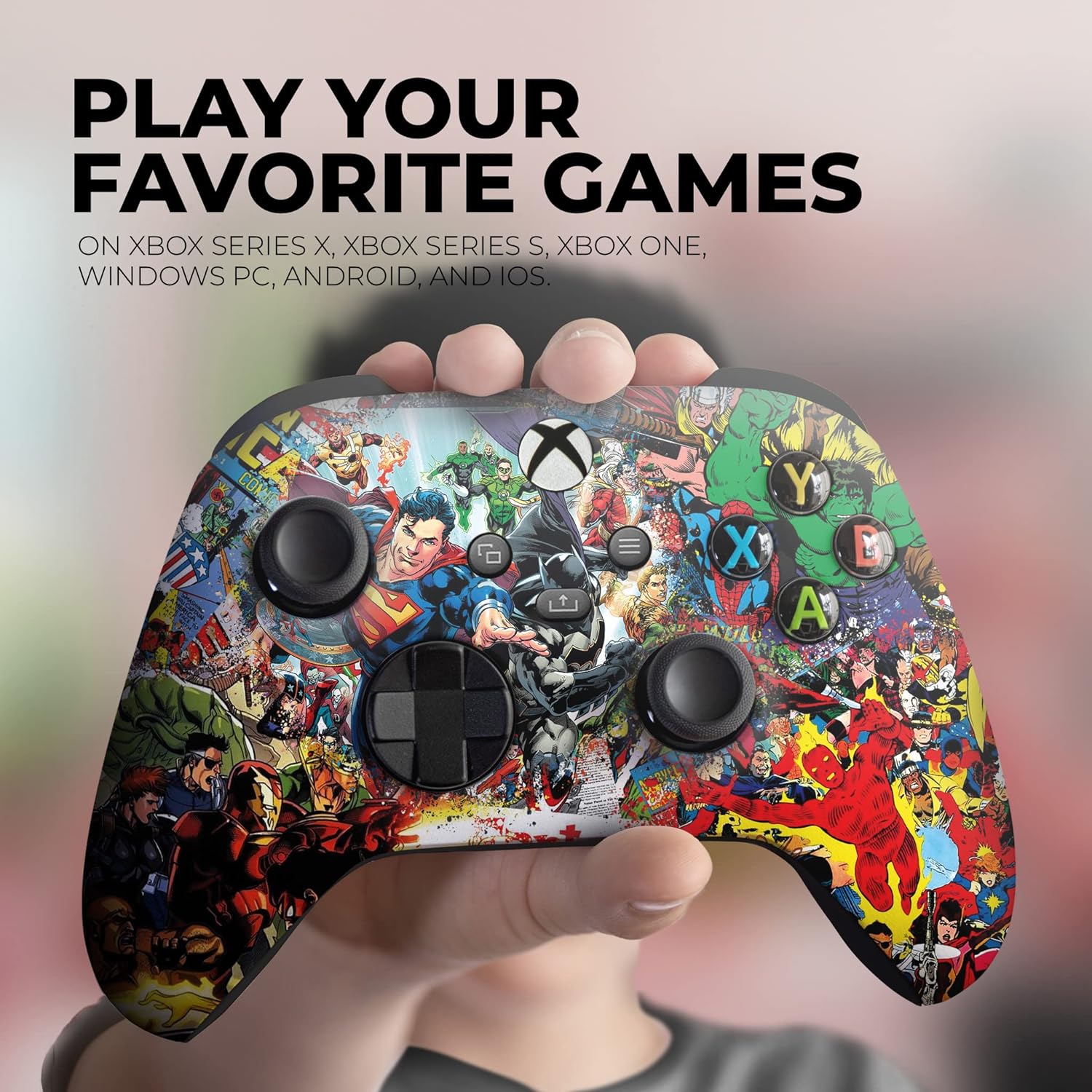 Custom Xbox controller held in hand, colorful comic artwork with black thumbsticks