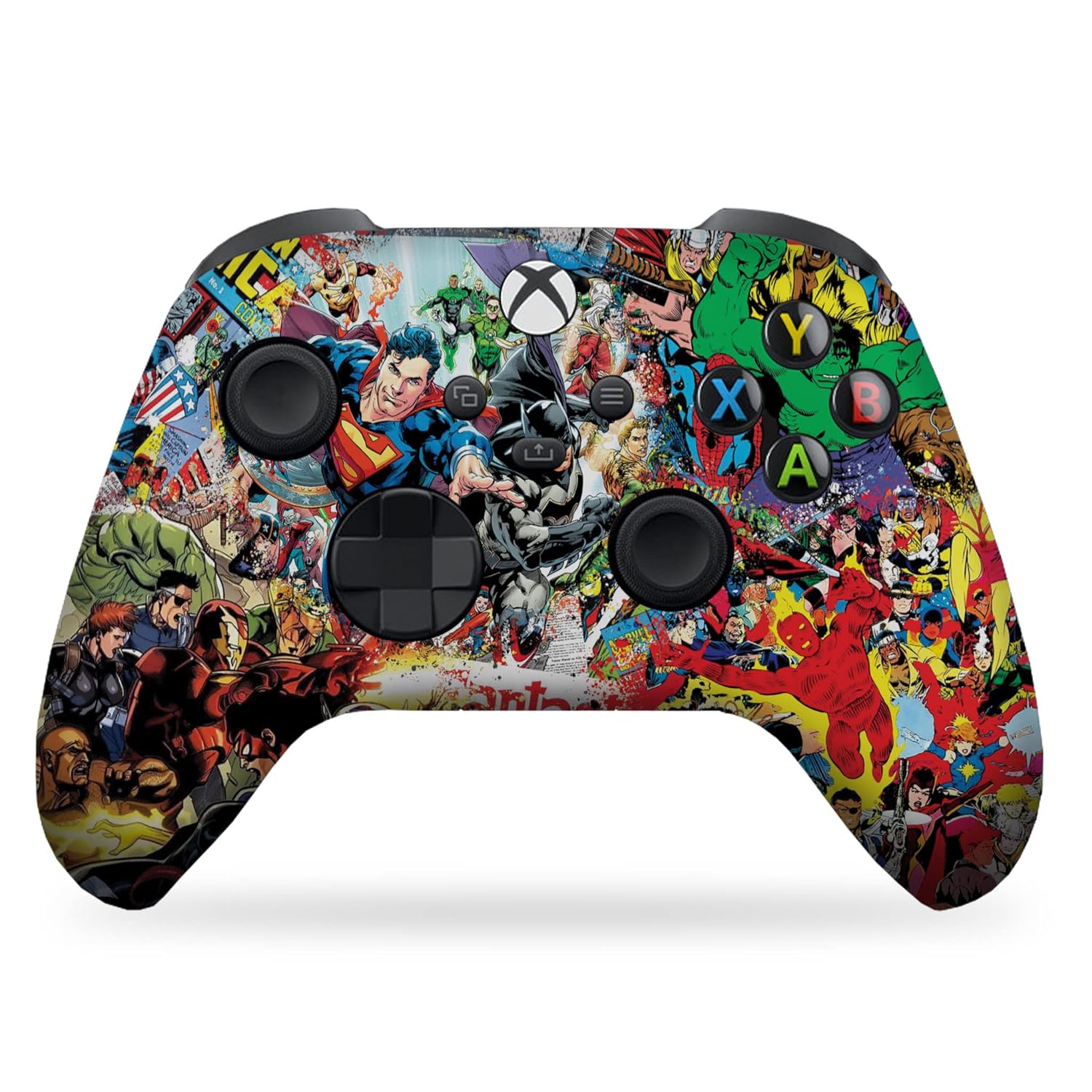 Custom Xbox controller with colorful comic character and icon wrap, black thumbsticks