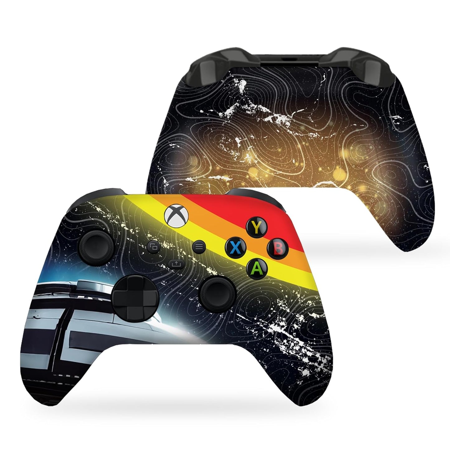 Xbox Series X controller angled view, cosmic galaxy wrap with rainbow gradient panel and black grips