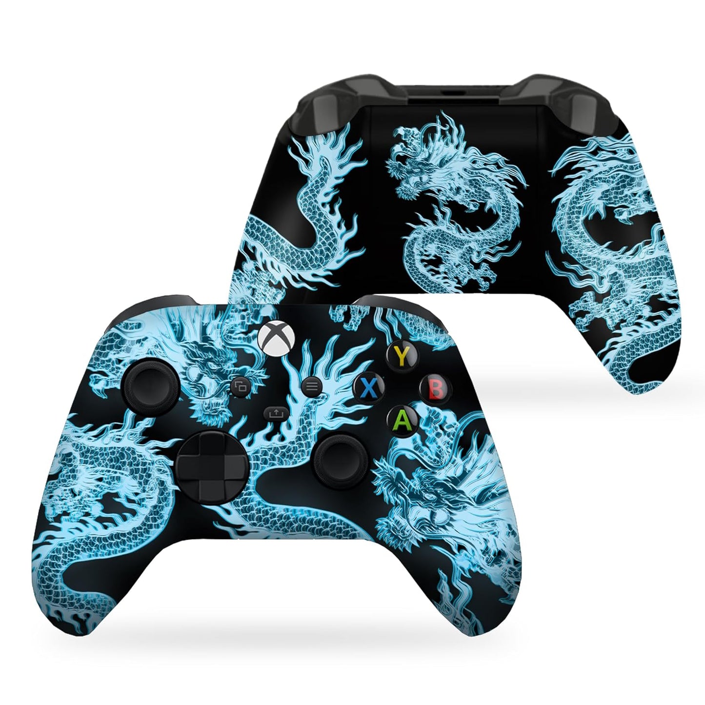 Xbox controller with blue dragon print and black face buttons