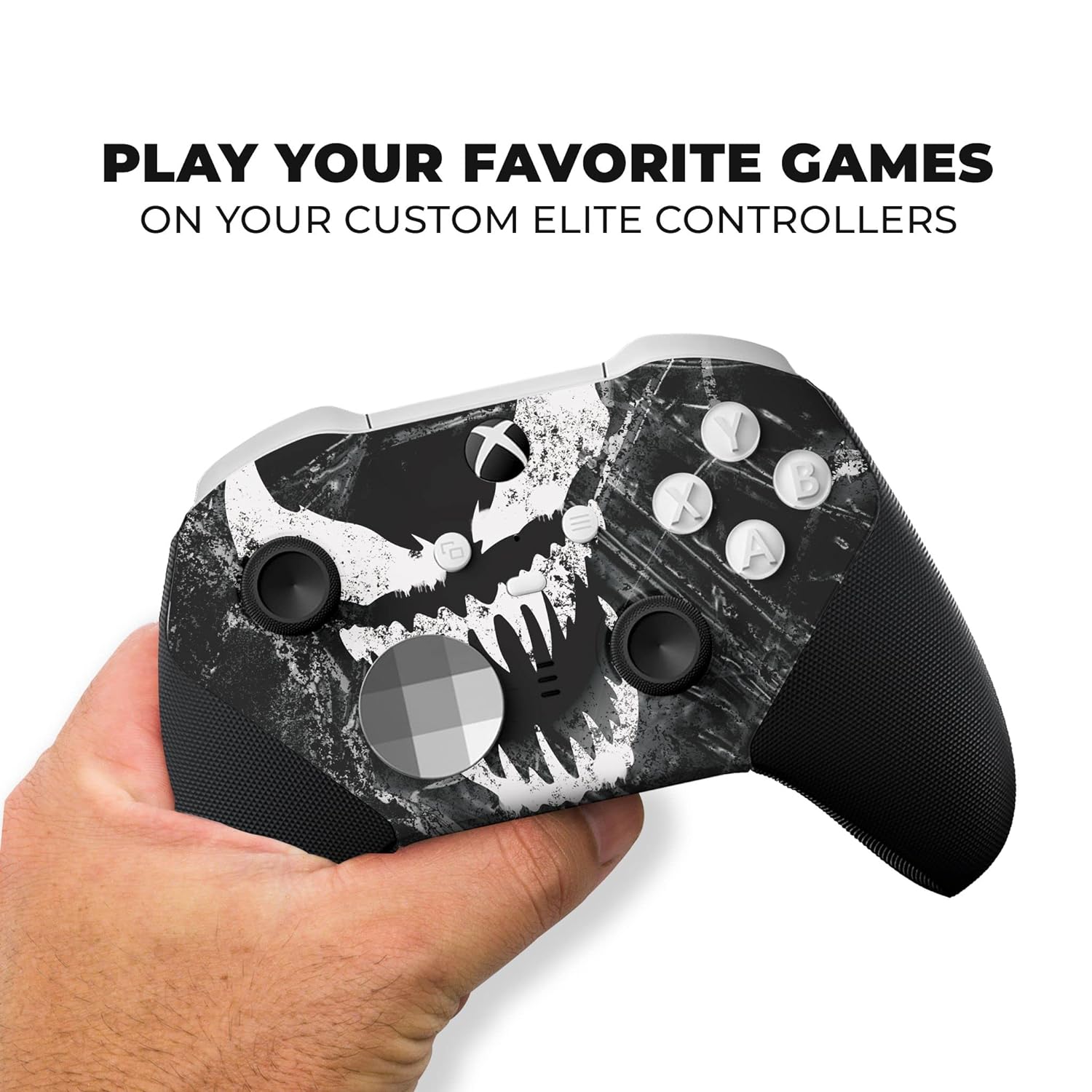 Xbox Elite Series 2 Core game controller front view held in hand, black and white hydrodip skull