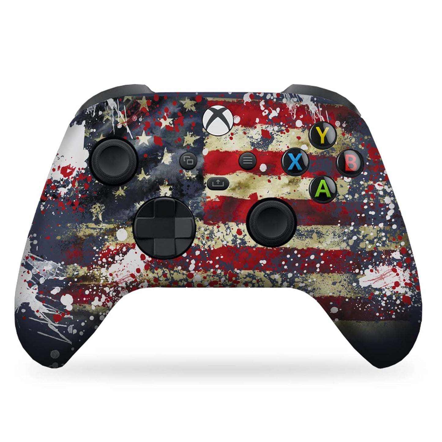 Xbox Series X controller with tattered flag splatter print, black thumbsticks and d-pad