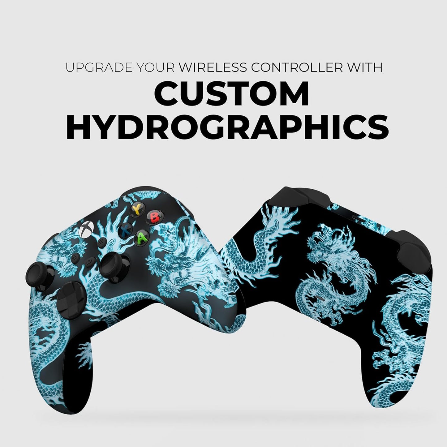 Xbox controller with blue dragon hydrographic print on both grips
