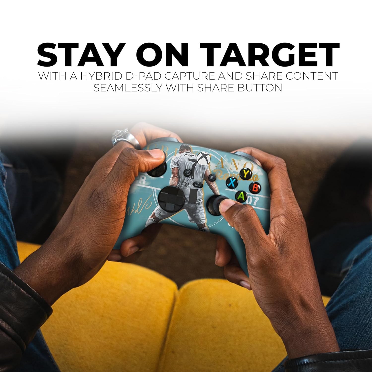 Xbox Series X controller with teal Ronaldo-themed face, held in hands, black thumbsticks