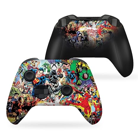 Custom Xbox controller with comic artwork, shown front and back views with black sticks