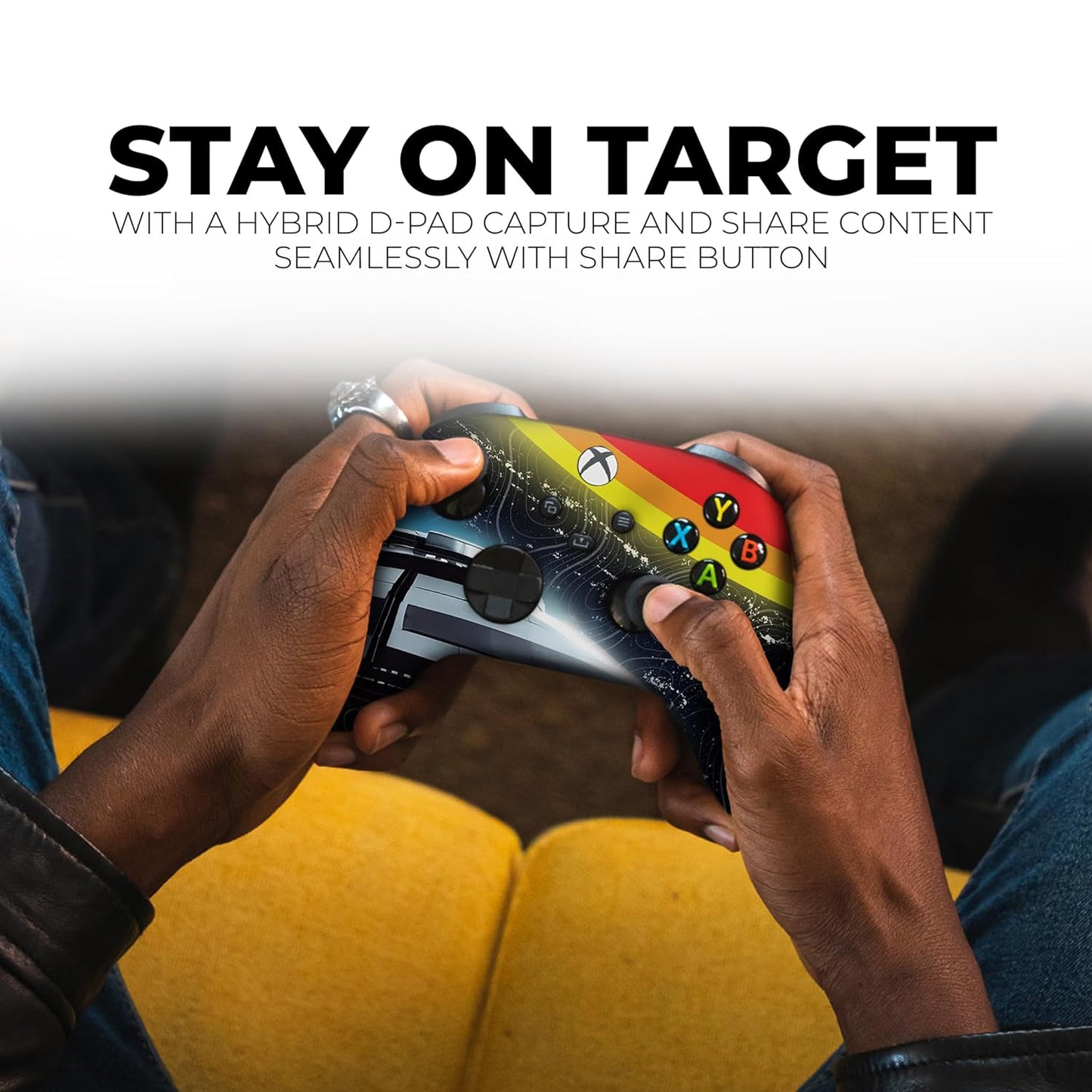 Xbox Series X controller in hands, cosmic galaxy design with multicolor ABXY button icons