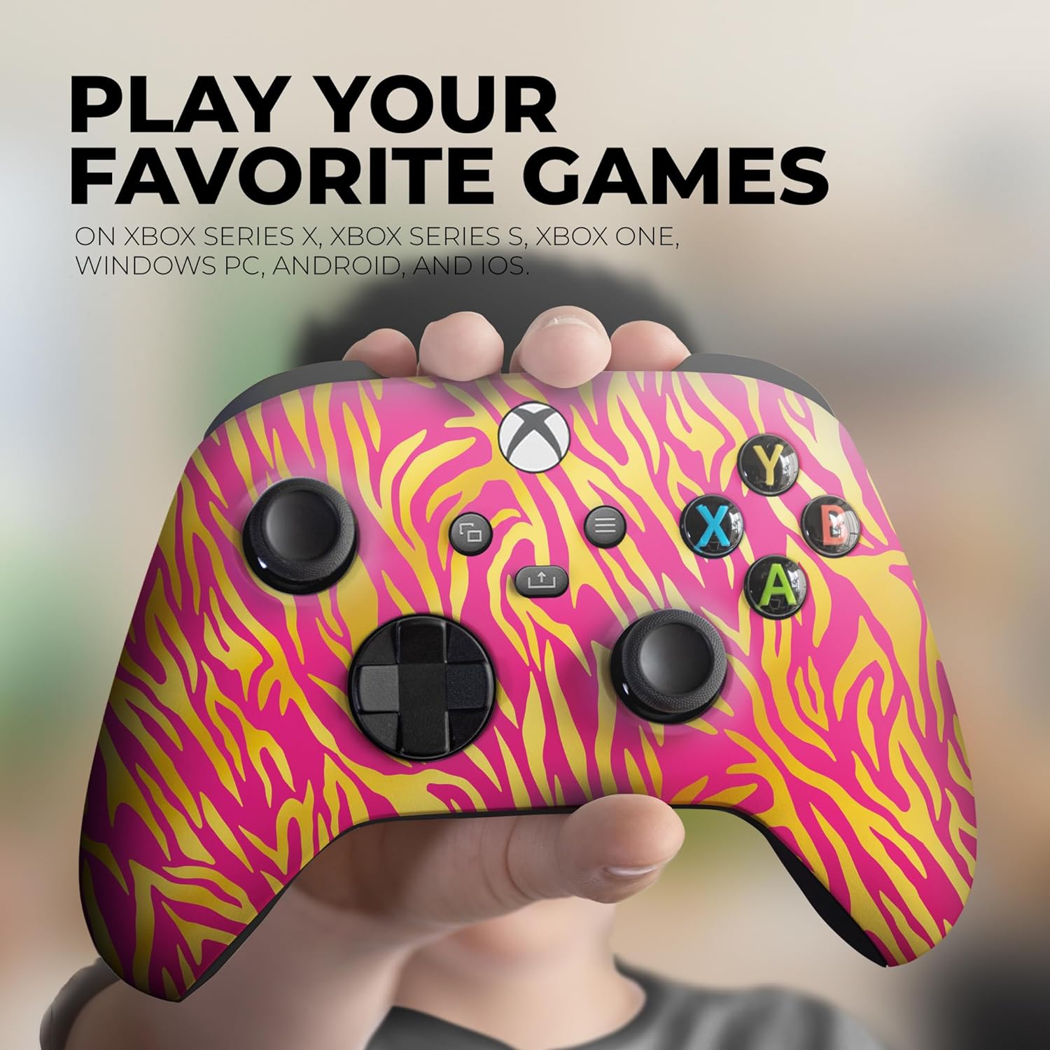 Close-up of tiger-print Xbox controller with black D-pad, thumbsticks, and face buttons