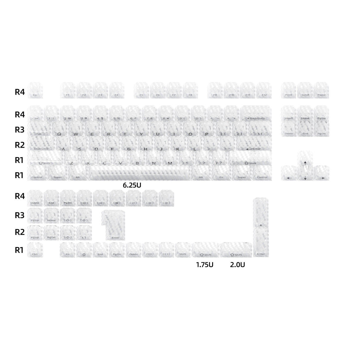 Clear cherry-profile keycap set layout with 1.75U and 2.0U keycaps marked