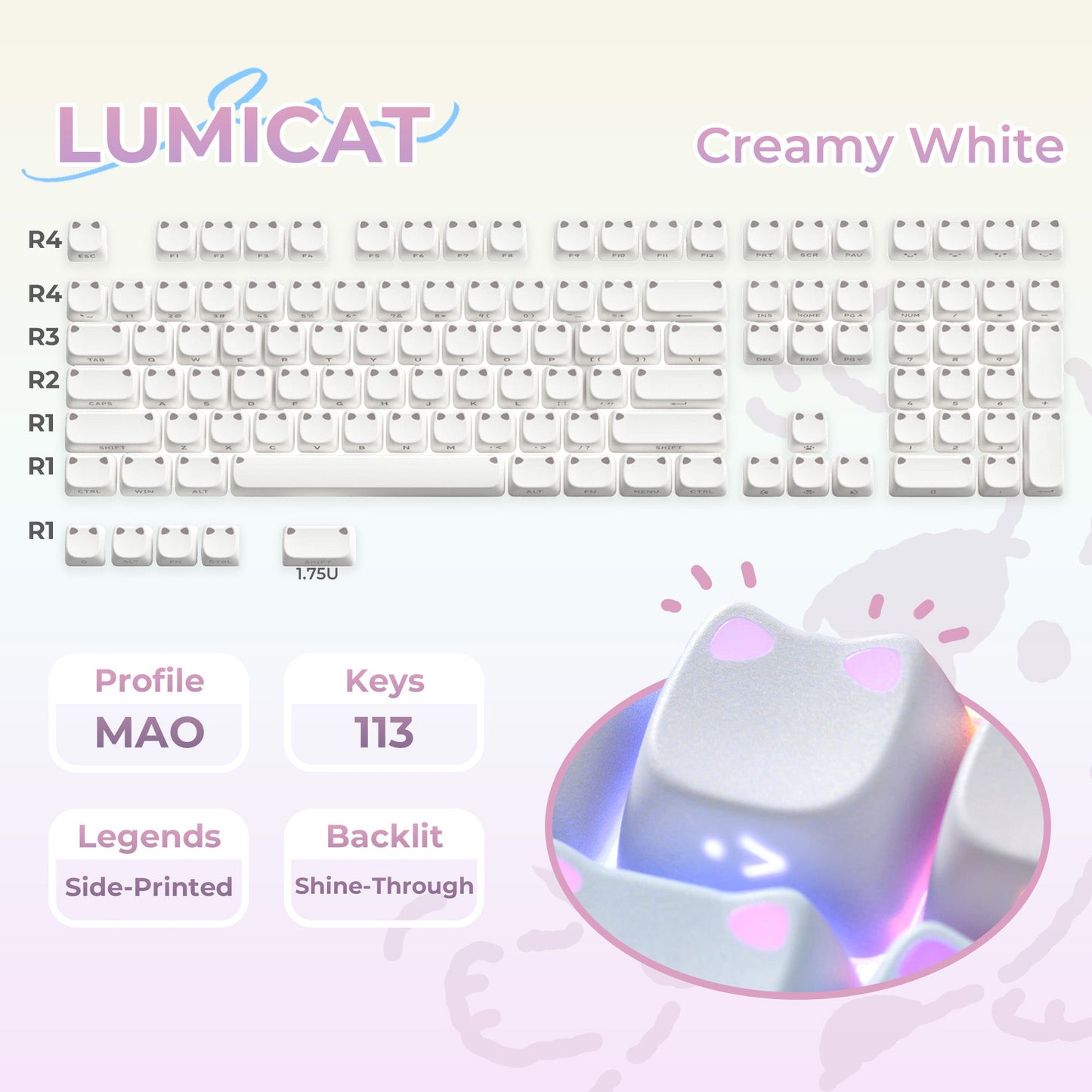 Creamy white keycap set with side-printed shine-through legends and sculpted key caps
