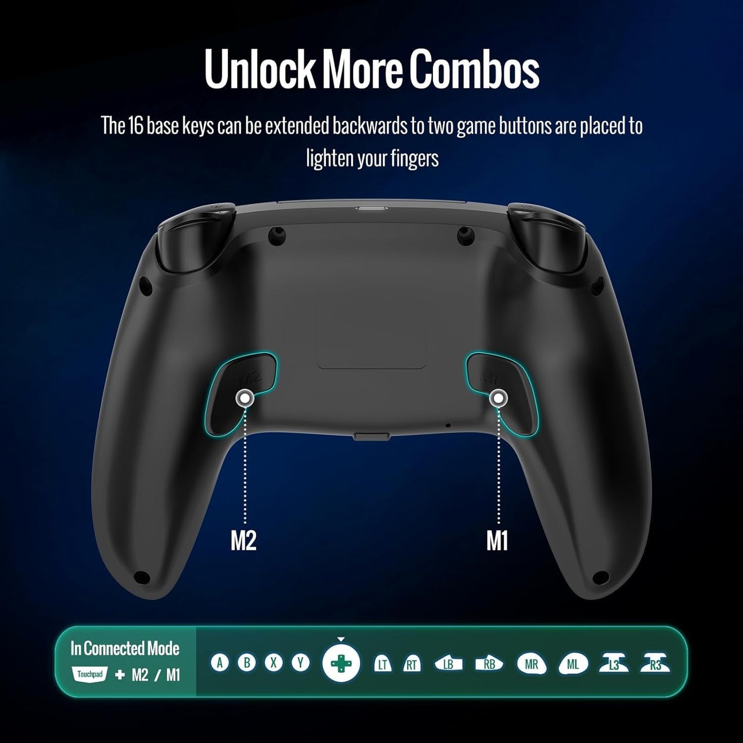 Black wireless game controller rear with M1 and M2 back buttons
