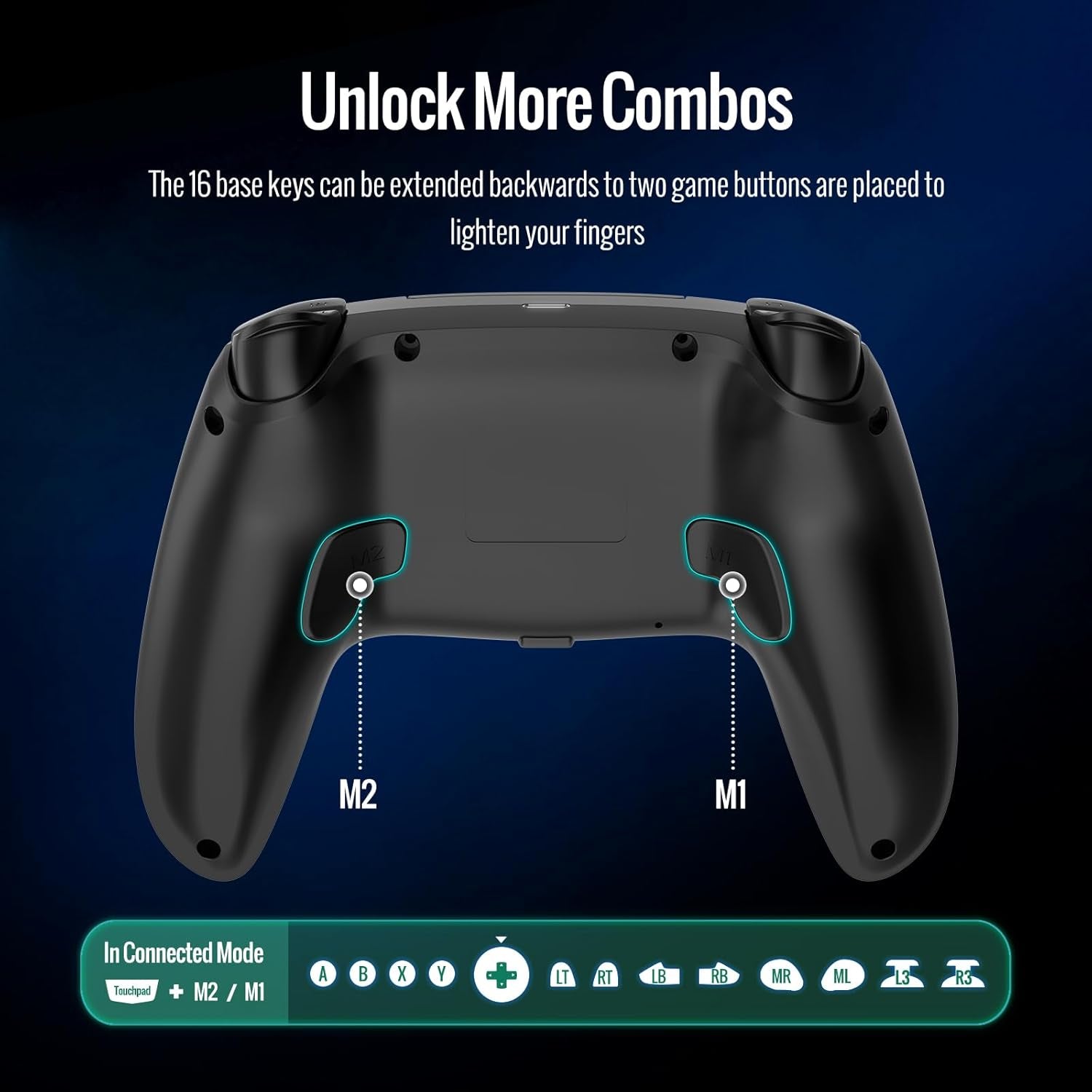 Black wireless game controller rear with M1 and M2 back buttons