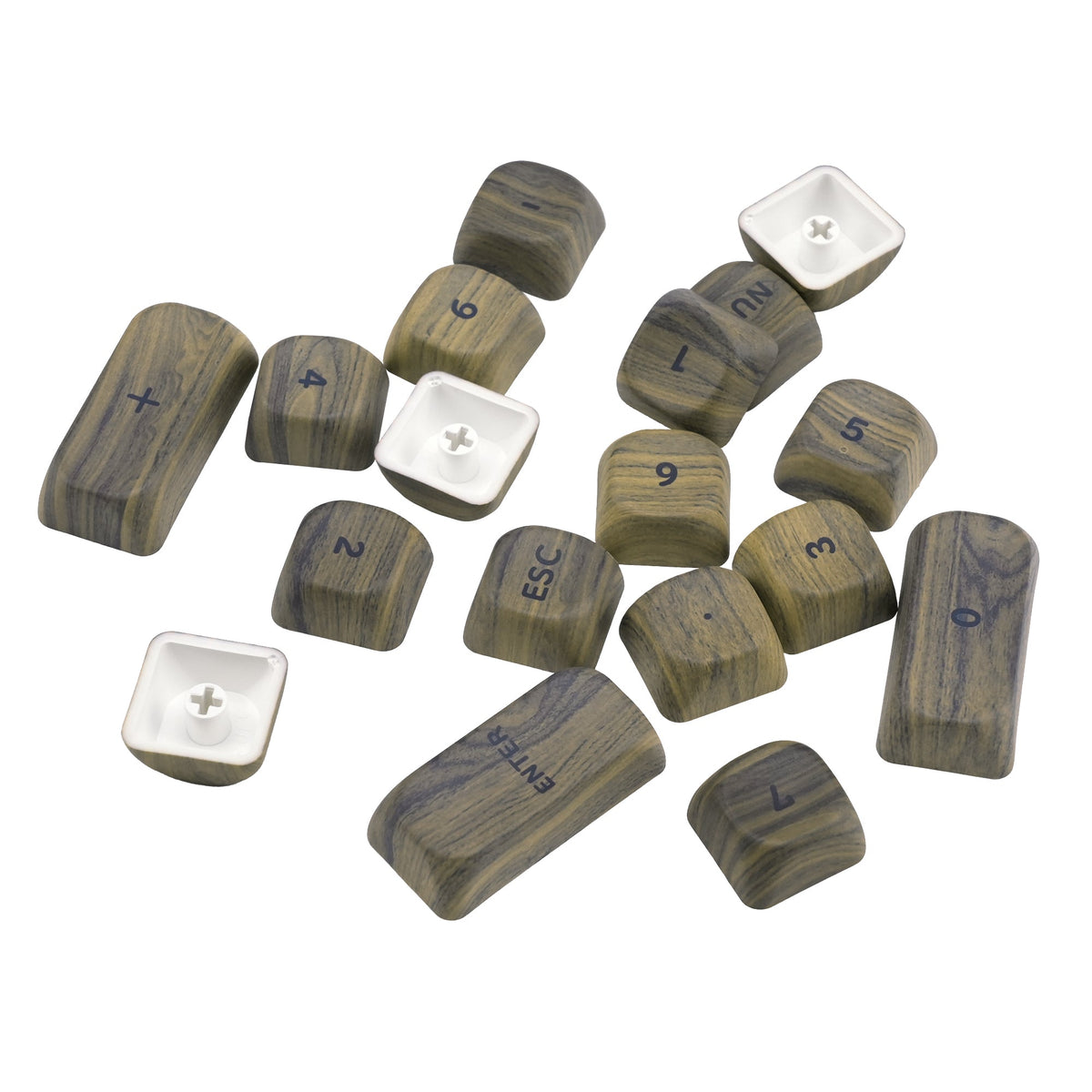 Mixed keycaps with wood-grain tops and white plus symbols on modifier keys, MOA profile