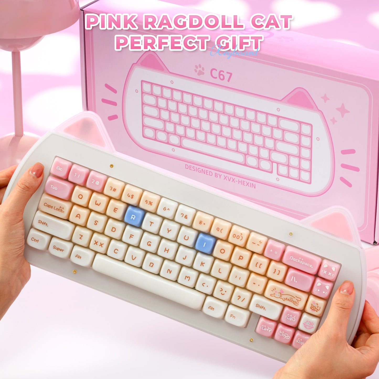 Pink acrylic cat-themed mechanical keyboard with colorful keycaps and C67 label