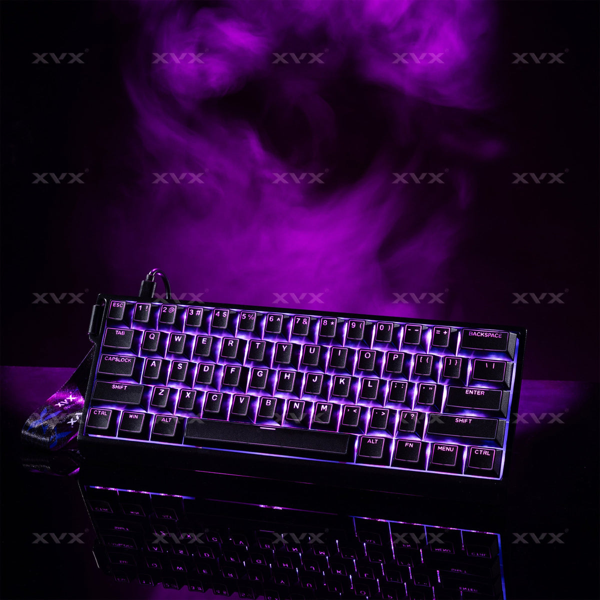 Cherry-profile PBT keycap set on keyboard, purple-lit keys with glowing shine-through legends.