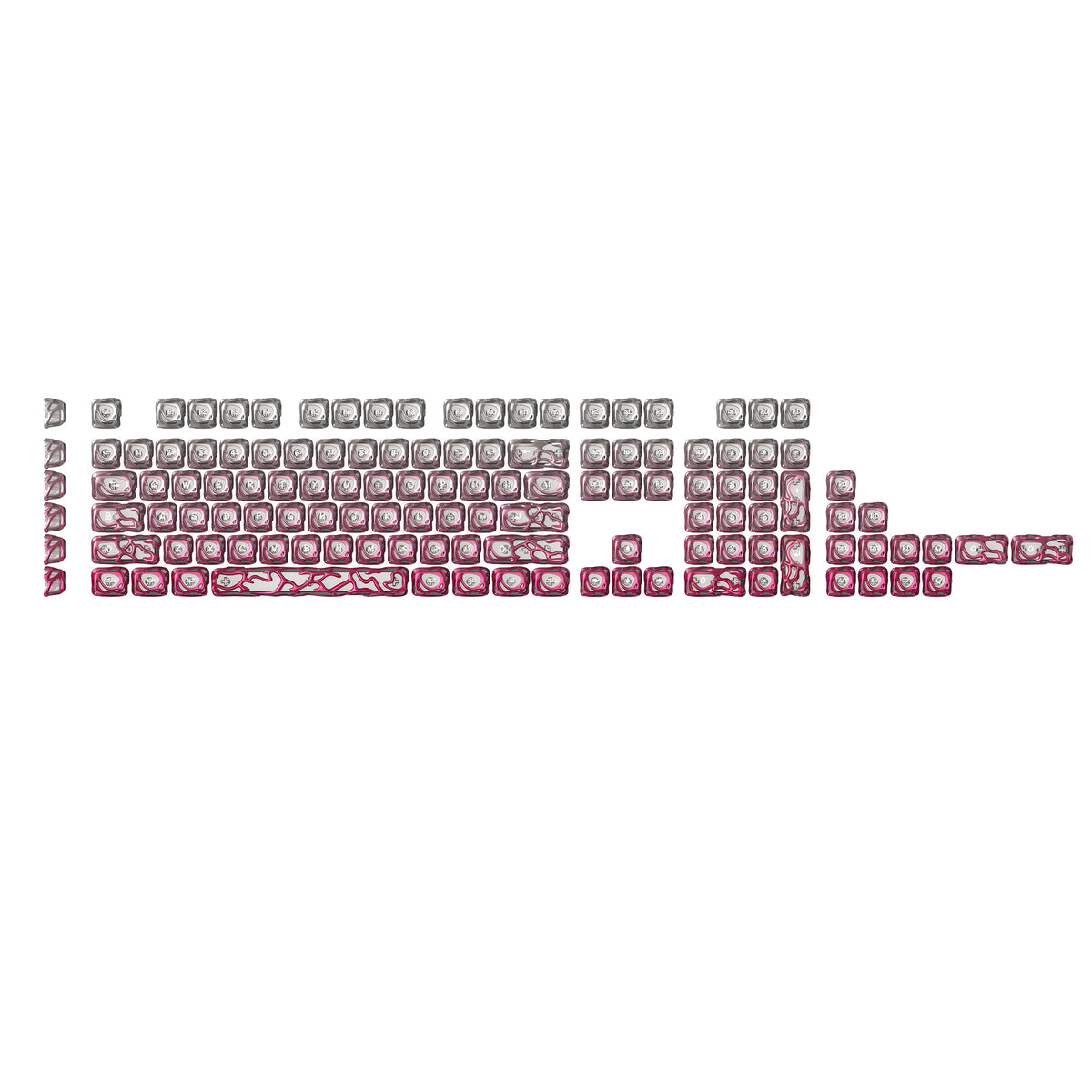 Pink metallic keycap set with separated keycaps and outlined layout