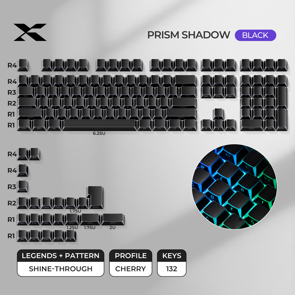 Black shine-through Cherry-profile PBT keycap set with translucent legends