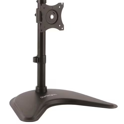 Vertical dual monitor stand with curved base and black dual monitor brackets