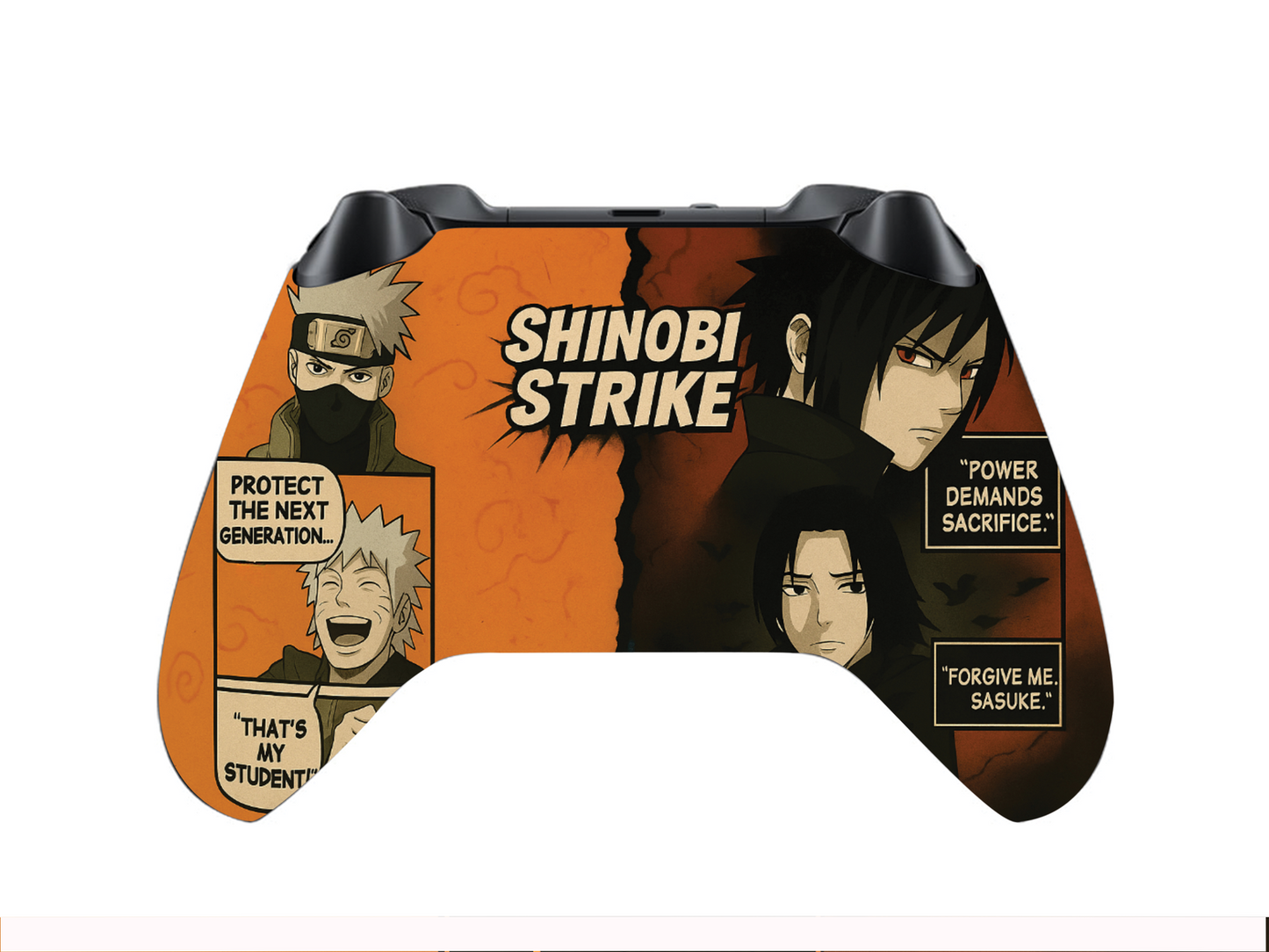 Xbox Series X/S controller shell with orange-black ninja artwork, side/top view