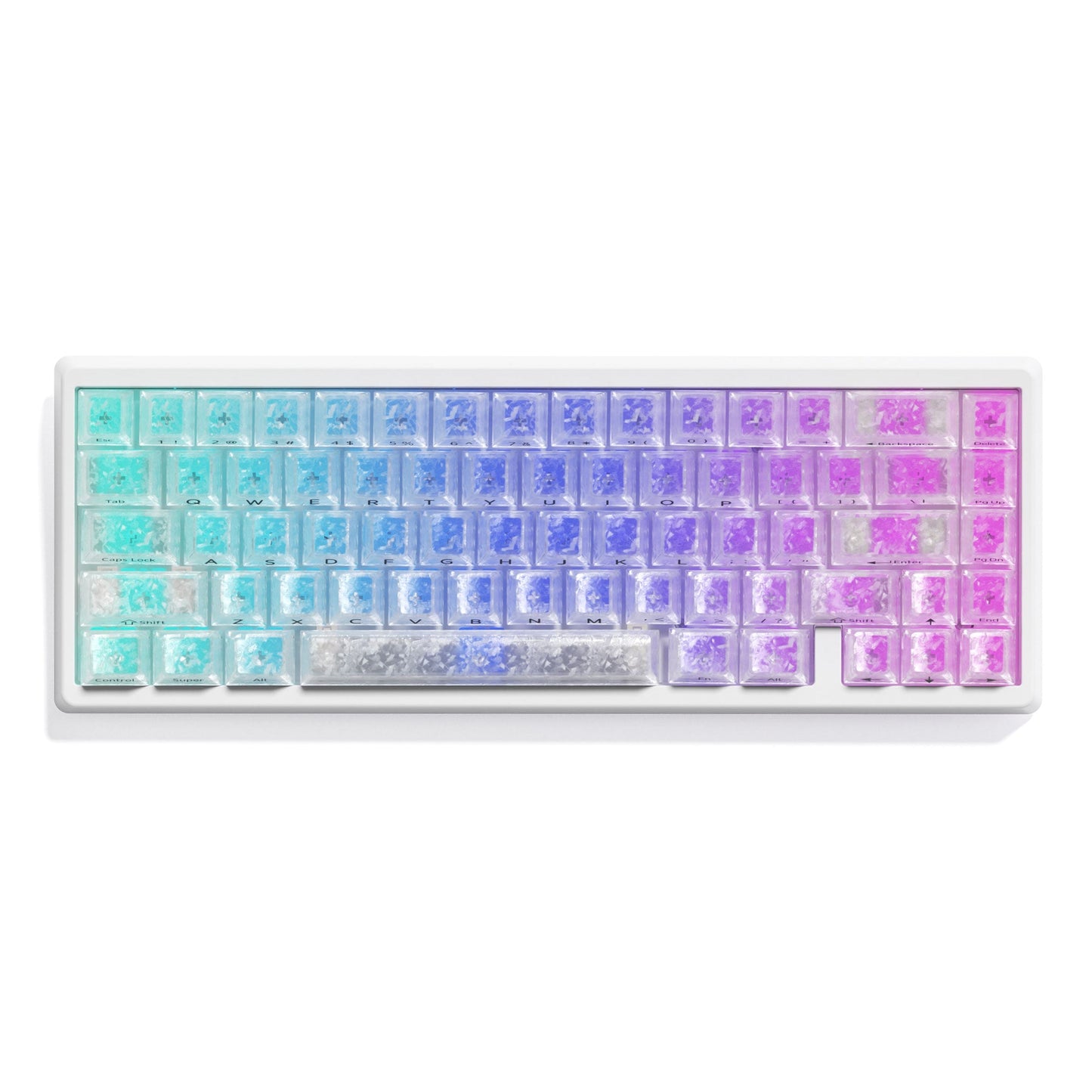 Mechanical keyboard with light translucent keycaps and blue-green plus purple RGB lighting