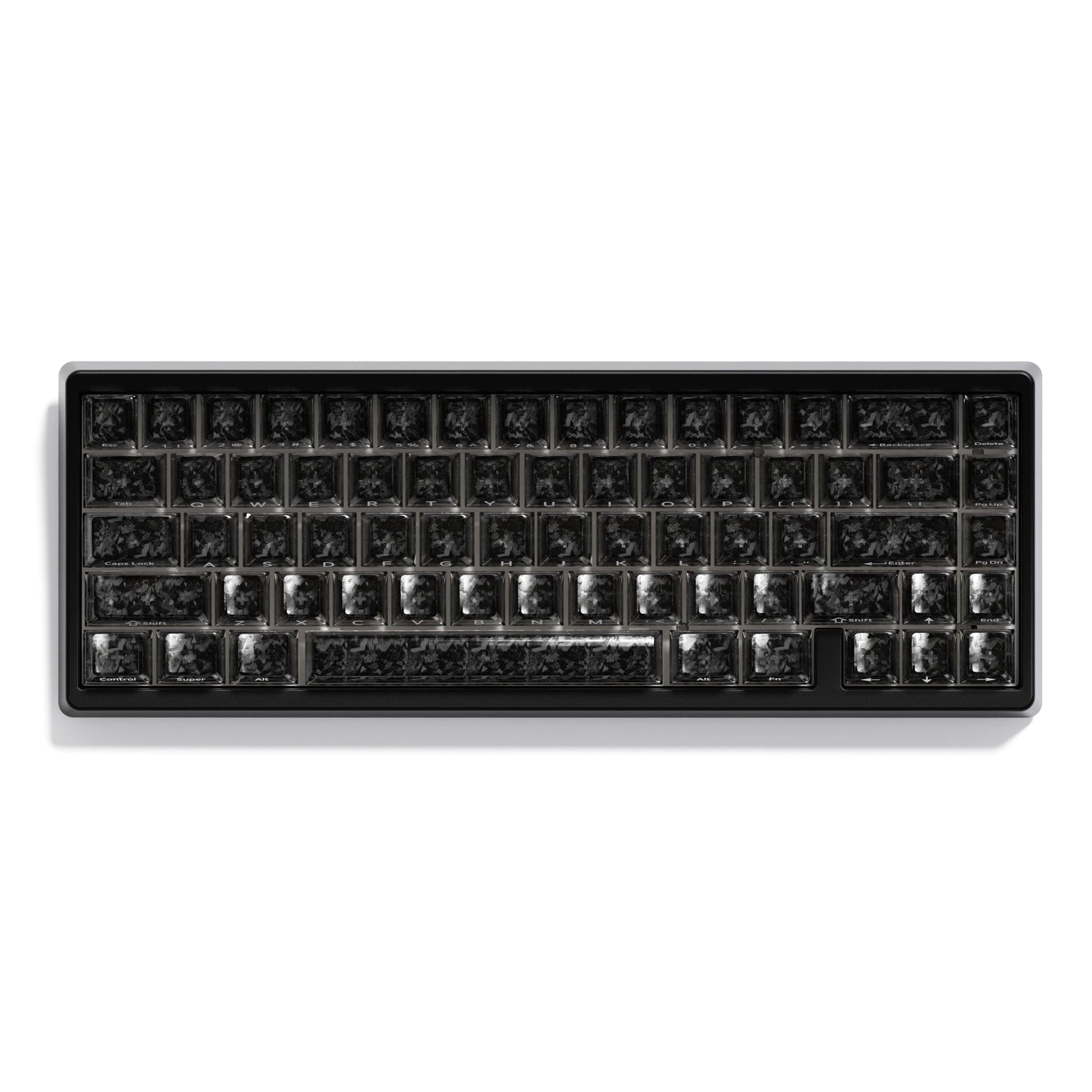 Mechanical keyboard with dark keycaps and subtle metallic shine, straight top view