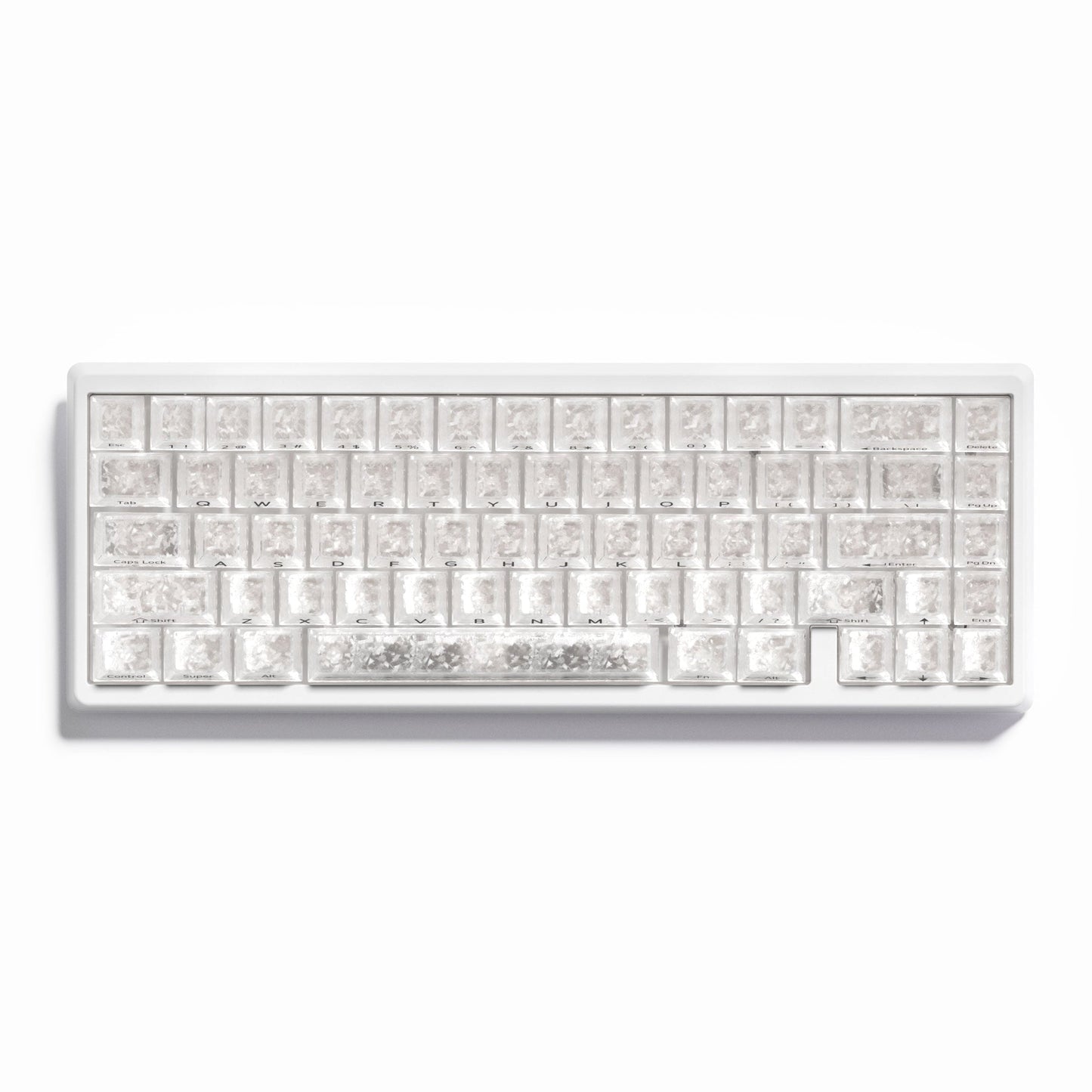 Mechanical keyboard with frosted white keycaps and clear legends, straight top view